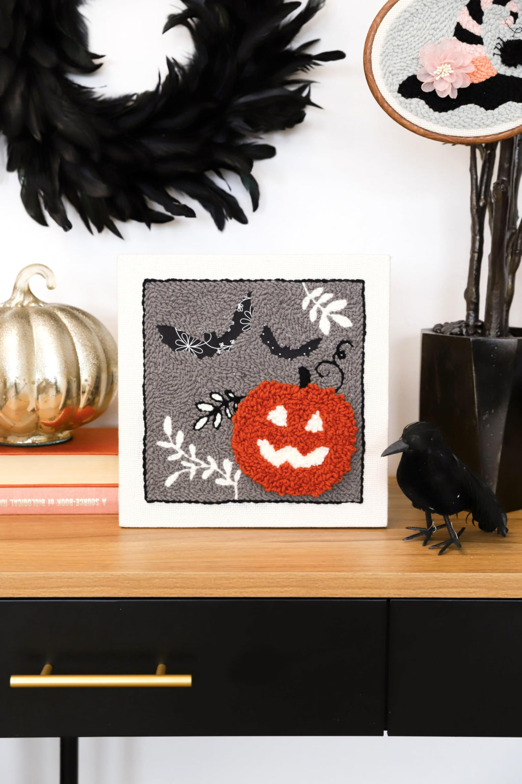 Kimberbell Jack-O’-Lantern Jubilee Punch Needle Plus Kit – Complete DIY Halloween Craft Kit with Tool, Preprinted Monks Cloth, Yarn, Applique Fabric, Frame & Video Tutorials
