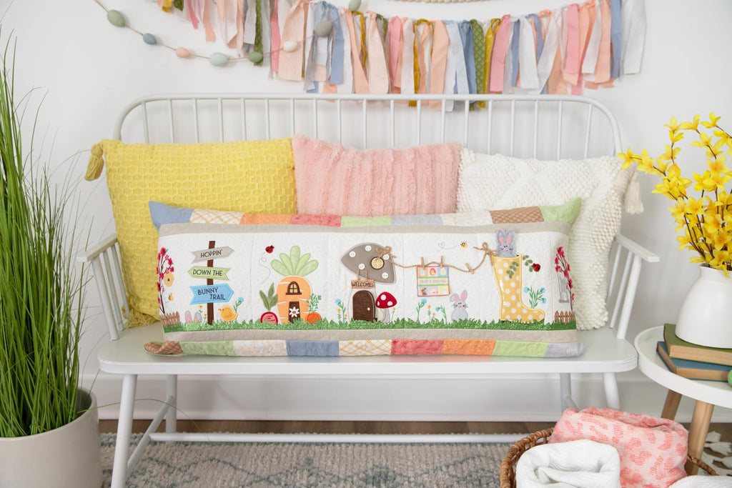 Kimberbell Hoppin’ Down the Bunny Trail Bench Pillow – Machine Embroidery Design CD, 16" x 38" Pillow Pattern with Applique, Textured Fabrics & Custom Buttons – Fits 5x7+ Hoops