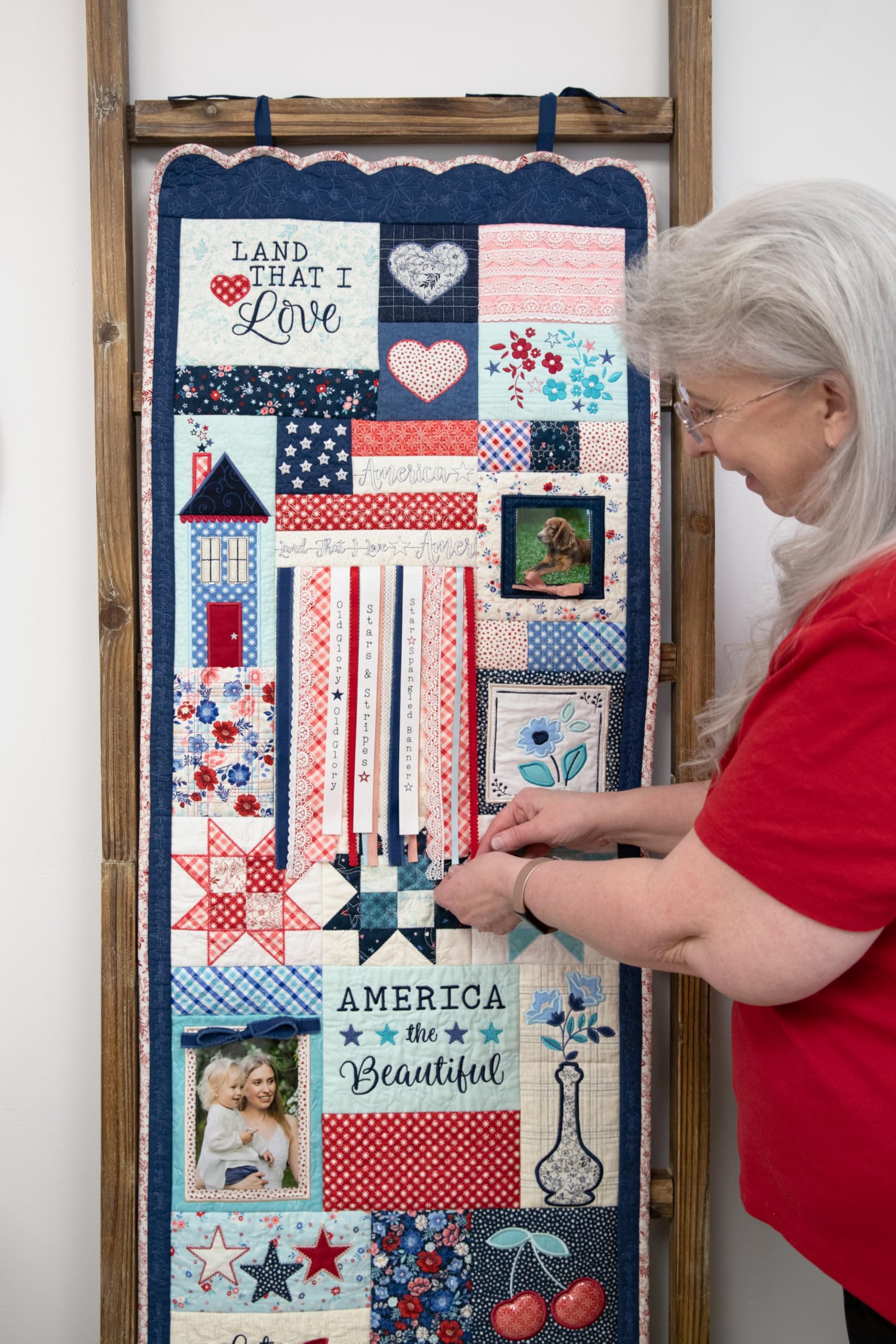 Kimberbell Star-Spangled Beauty Ladder Quilt Embellishment Kit – Accessories for Machine Embroidery Quilt, Includes Lace, Star Buttons, Pearls, Ribbons & More