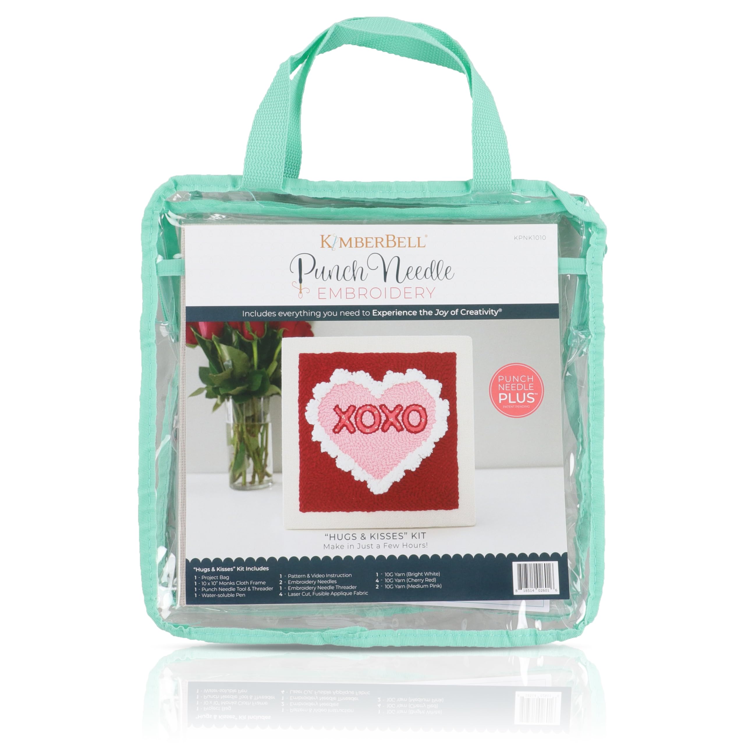 Kimberbell Punch Needle Kit - Hugs & Kisses – Complete Punch Needle Set with Tool, Monks Cloth, Yarn, Frame, Fabric & Reusable Project Bag | Beginner-Friendly DIY Needle Punching Craft