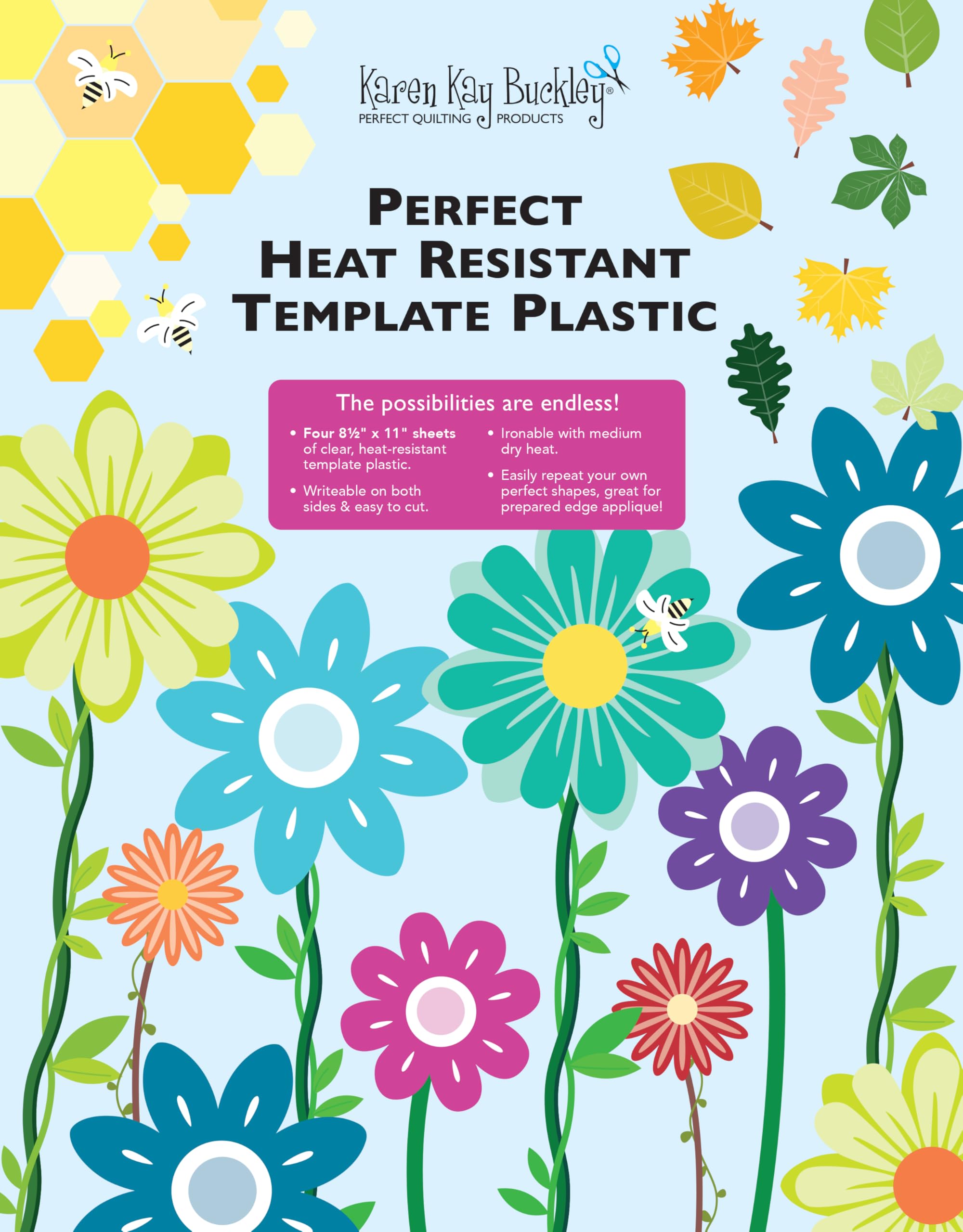Karen Kay Buckley® Perfect Heat-Resistant Template Plastic, Four 8-1/2” X 11” Sheets for Prepared Edge Appliqué, Quilting, Patchwork, Sewing. Ironable with Dry/Medium Heat. Feeds Through Copy Machine