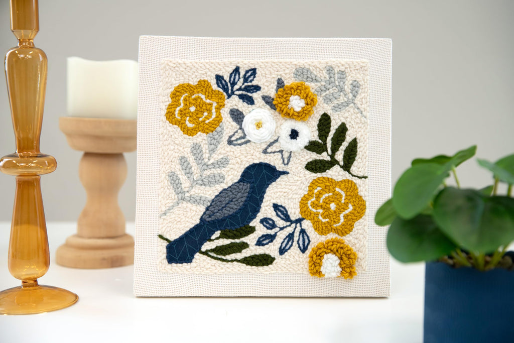 Kimberbell Punch Needle Kit – Birdsong Bouquet - Complete DIY Embroidery Kit with Tool, Monks Cloth, Frame, Yarn & Embellishments – Blue & Gold Floral Design Punch Needle Set