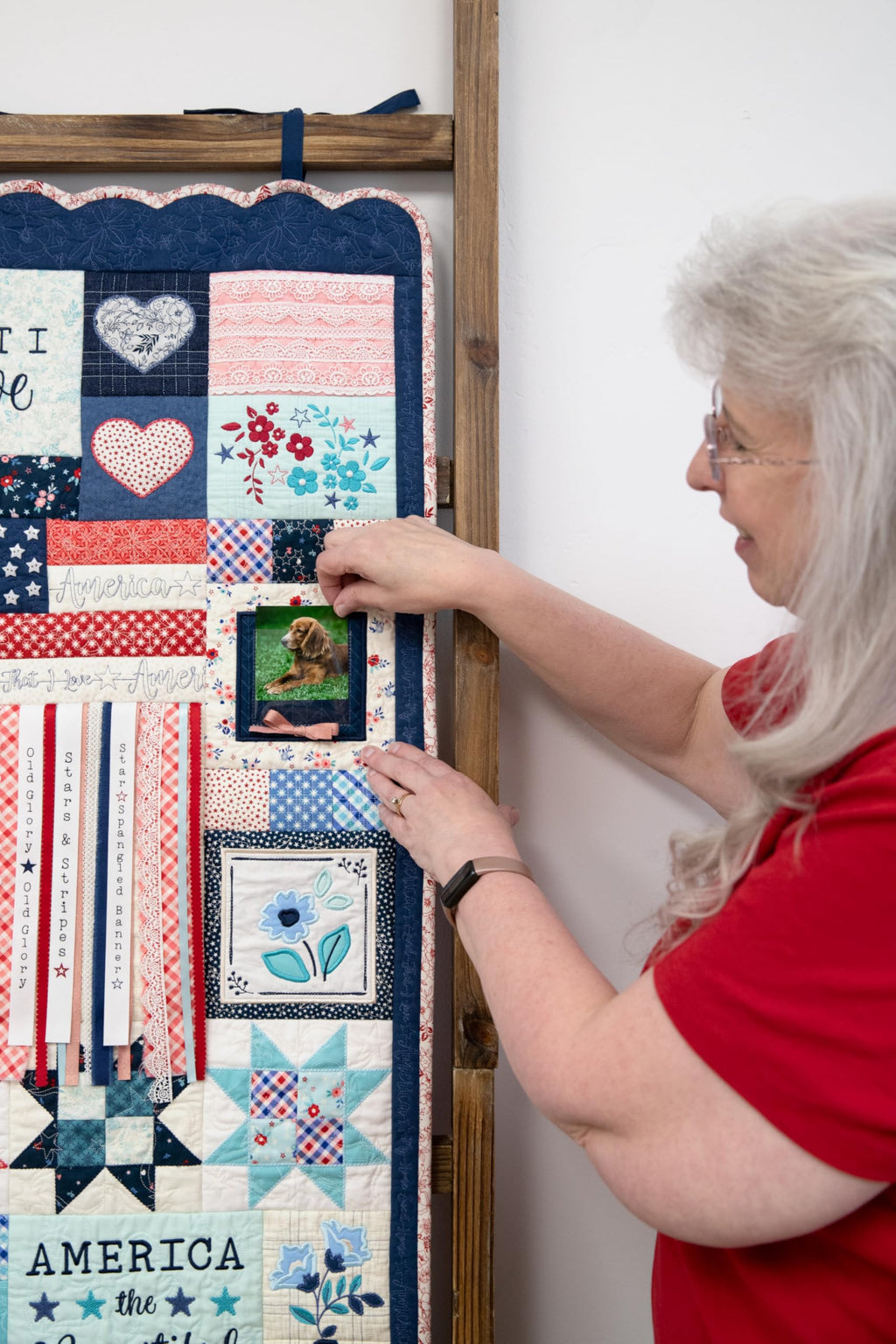 Kimberbell Star-Spangled Beauty Ladder Quilt Book with Digital Design Code – 20"x60" Americana Machine Embroidery Quilt, 5x7 Hoop, Patriotic Applique, Embellishments & Photo Frames