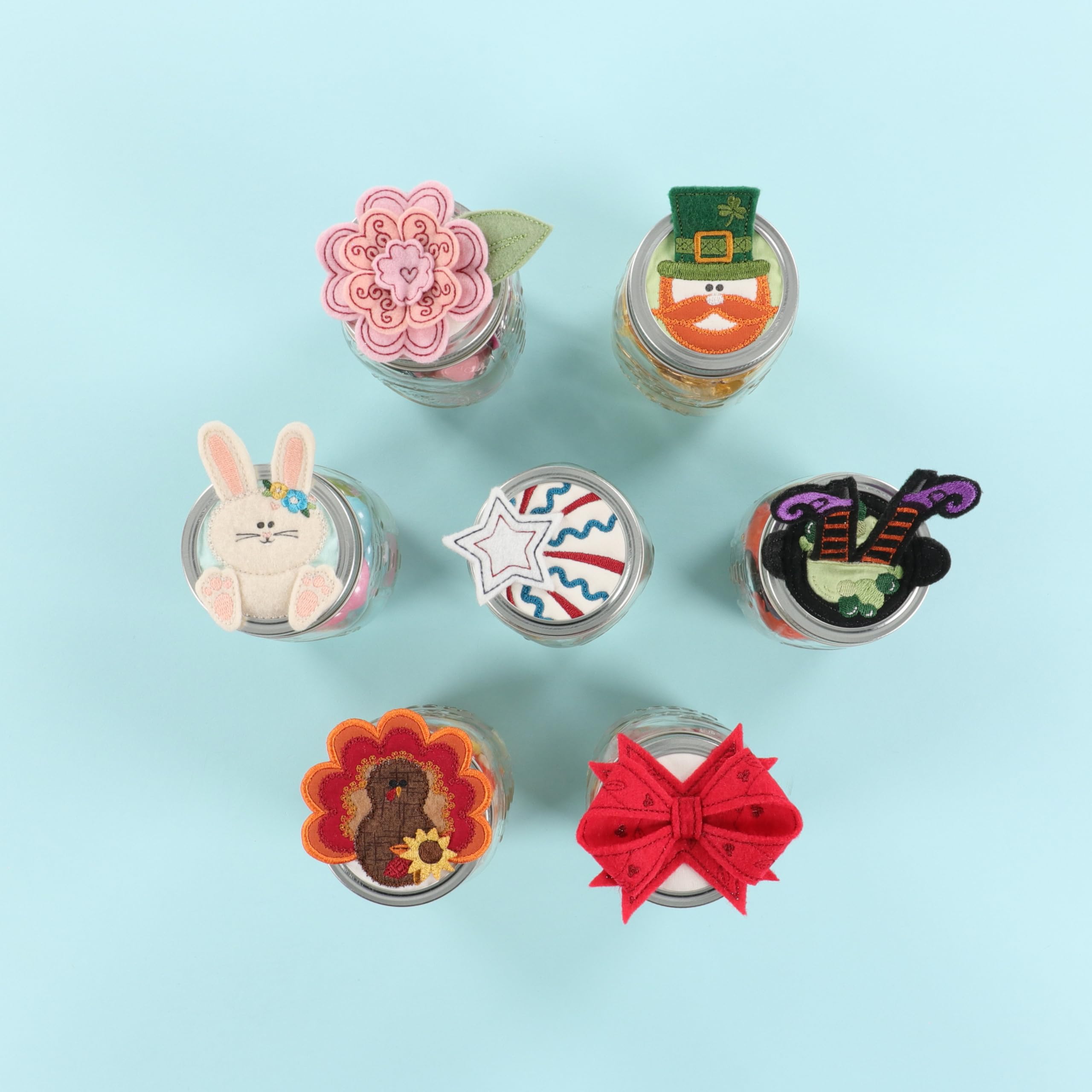 Kimberbell Seasonal Jar Toppers for Machine Embroidery – 7 Holiday Designs in 5x7 & 4x4 Hoop – 3D Elements & Gift Tags – Digital Download Code