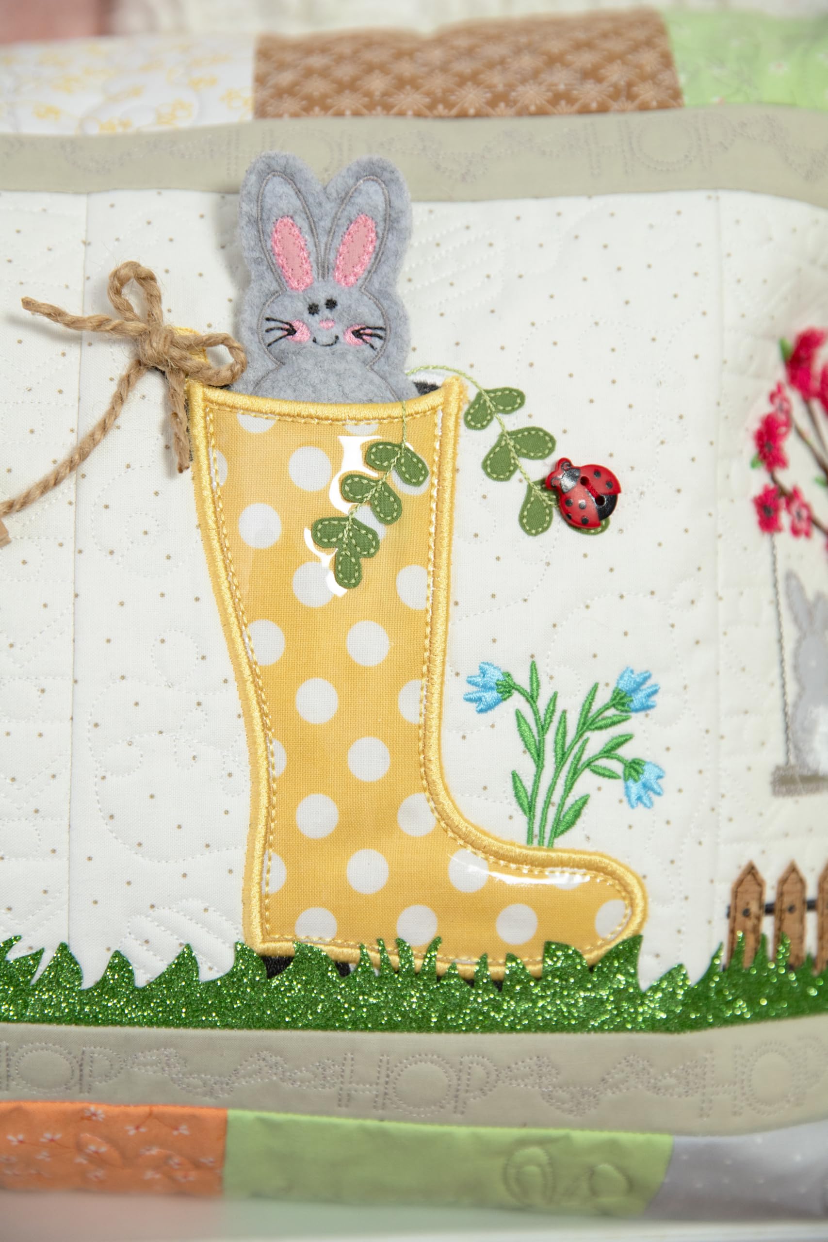 Kimberbell Hoppin’ Down the Bunny Trail Bench Pillow – Machine Embroidery Design CD, 16" x 38" Pillow Pattern with Applique, Textured Fabrics & Custom Buttons – Fits 5x7+ Hoops