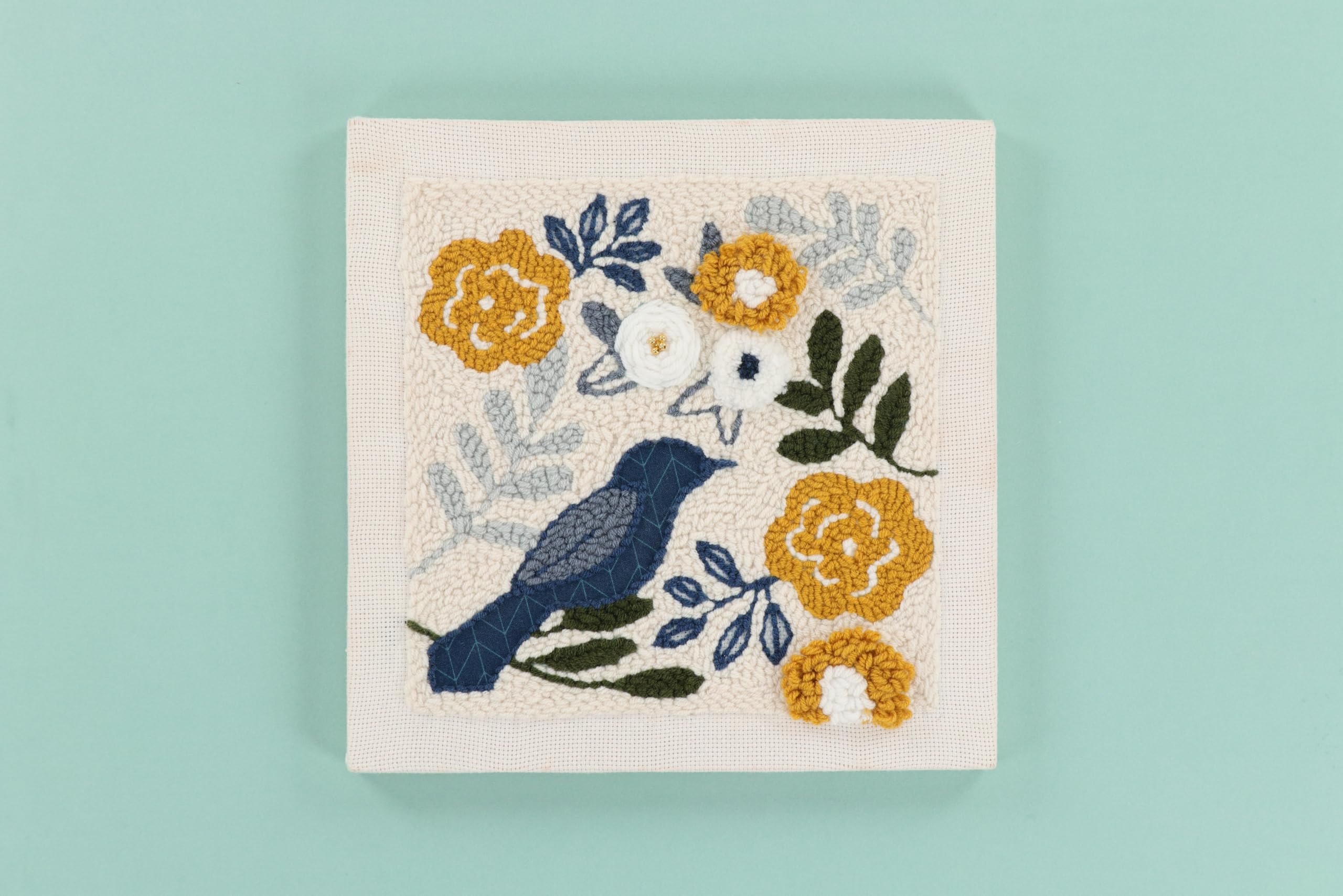 Kimberbell Punch Needle Kit – Birdsong Bouquet - Complete DIY Embroidery Kit with Tool, Monks Cloth, Frame, Yarn & Embellishments – Blue & Gold Floral Design Punch Needle Set