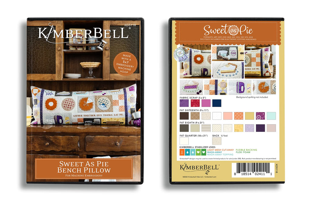 Kimberbell Bench Pillow: Sweet As Pie Machine Embroidery Design CD, Completed Size: 16 x 38”, Includes: 9 Files + SVG, Step-by-Step Instructions for Beginners to Advanced, 5 x 7” Hoop Size
