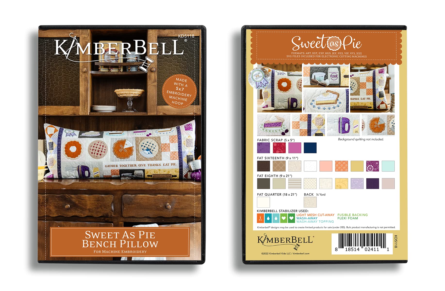 Kimberbell Bench Pillow: Sweet As Pie Machine Embroidery Design CD, Completed Size: 16 x 38”, Includes: 9 Files + SVG, Step-by-Step Instructions for Beginners to Advanced, 5 x 7” Hoop Size