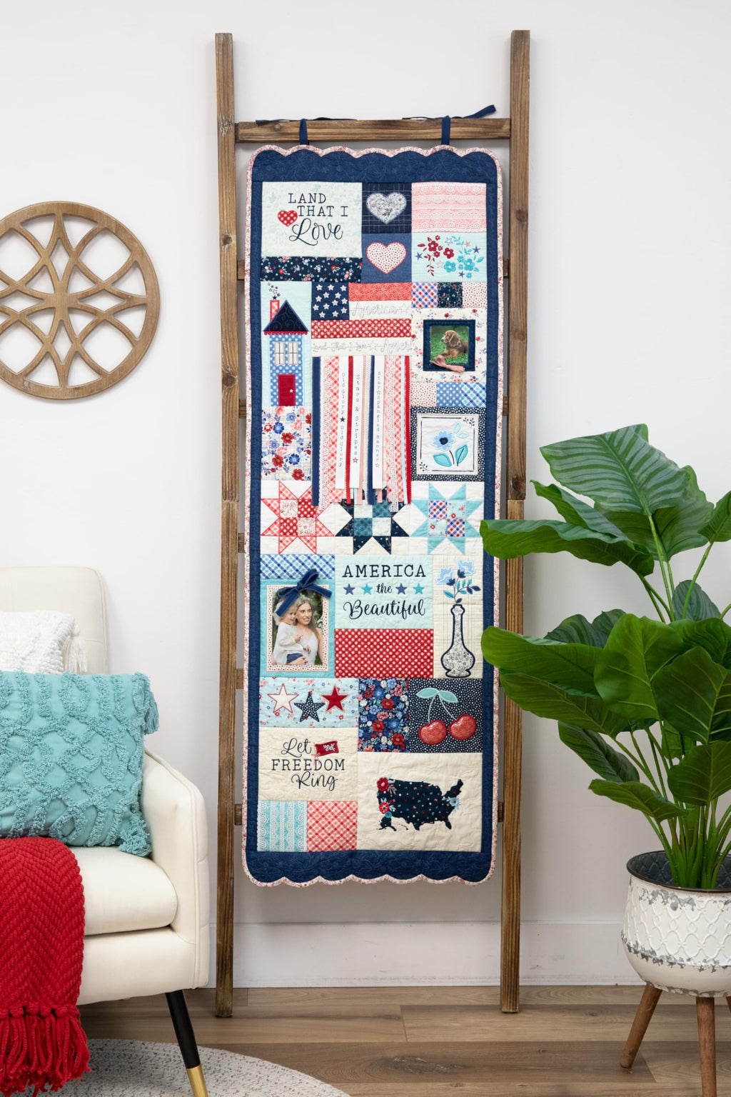 Kimberbell Star-Spangled Beauty Ladder Quilt Bundle – 20"x60" Patriotic Embroidery Quilt Kit with Book, Digital Designs & Embellishments (5x7 Hoop)
