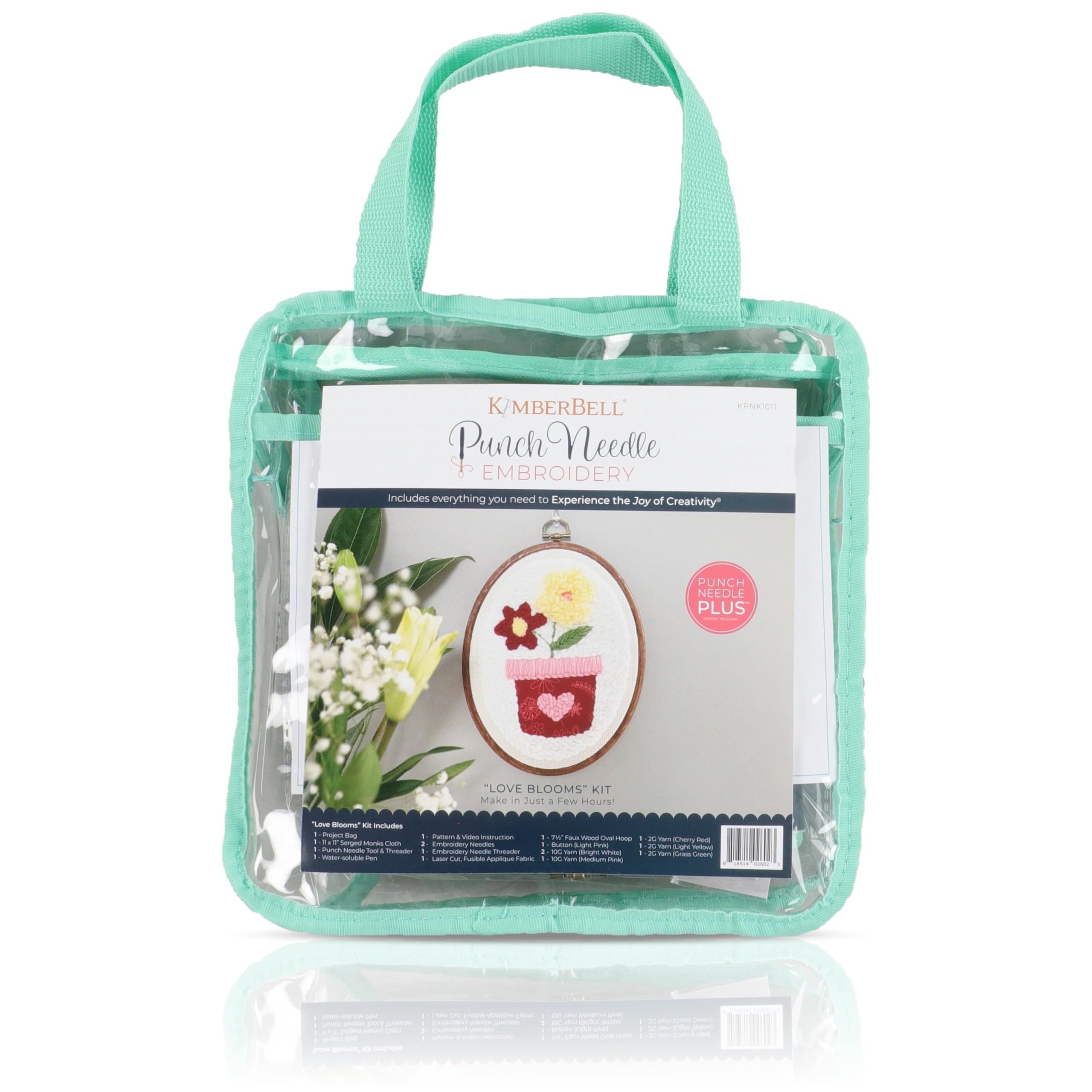 Kimberbell Punch Needle Kit – Love Blooms - Complease DIY Punch Needle Set with Tool, Monks Cloth, Yarn, Frame, Embelishments & Reusable Project Bag | Beginner-Friendly DIY Needle Punching Craft