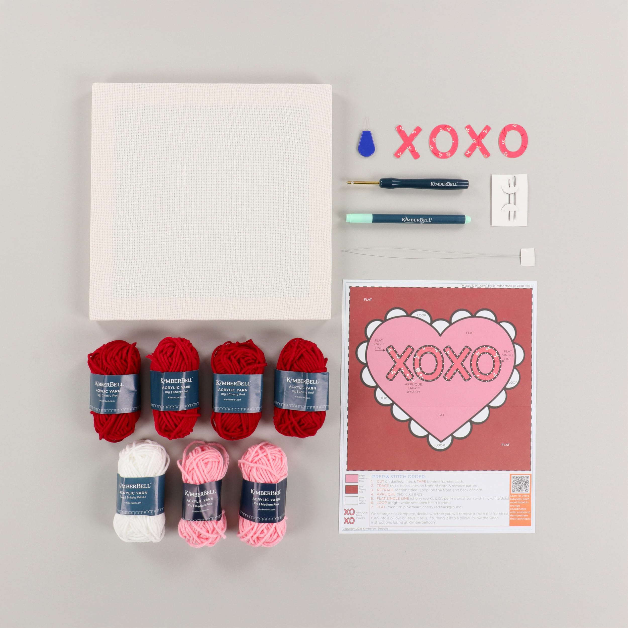 Kimberbell Punch Needle Kit - Hugs & Kisses – Complete Punch Needle Set with Tool, Monks Cloth, Yarn, Frame, Fabric & Reusable Project Bag | Beginner-Friendly DIY Needle Punching Craft