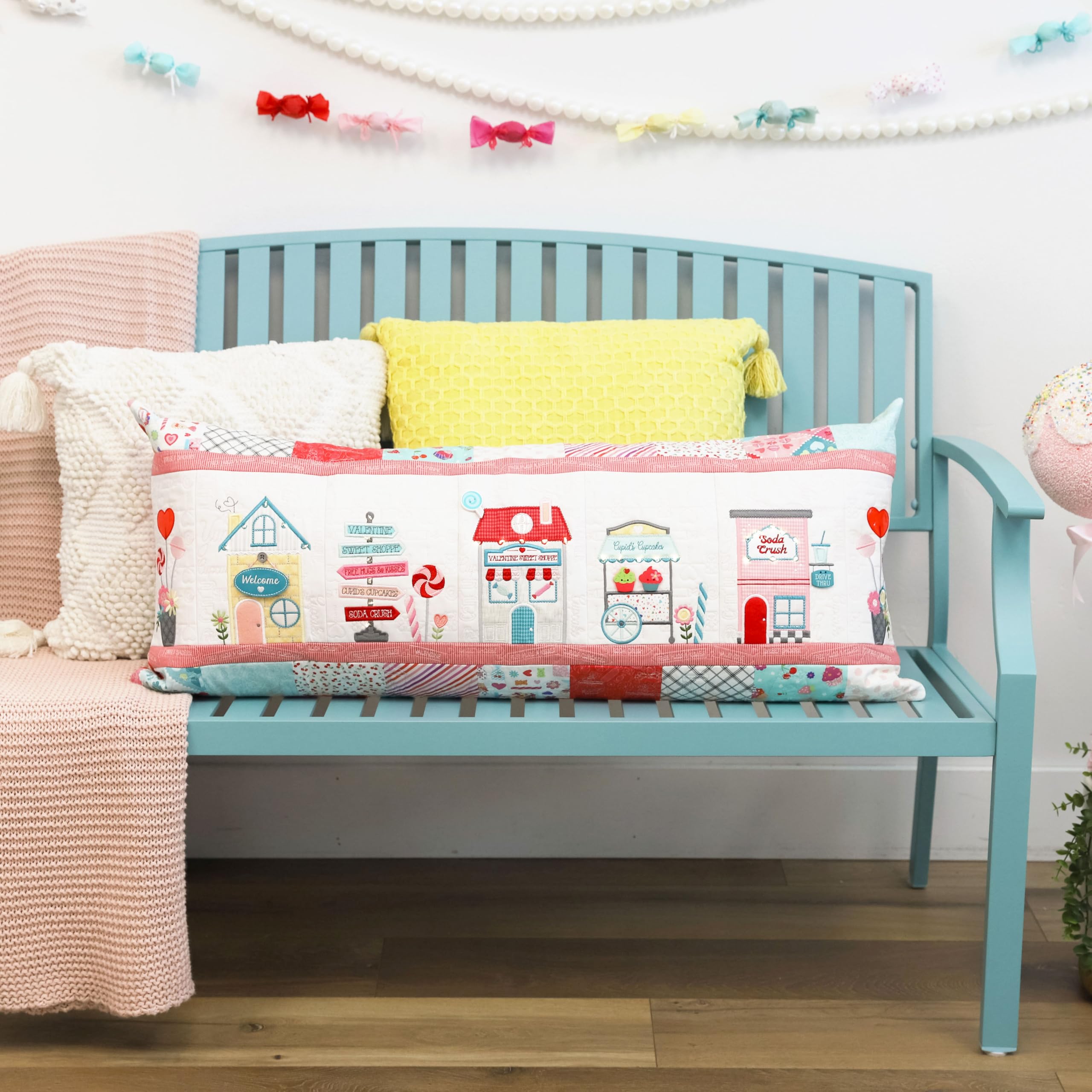 Kimberbell Sweetheart Street Bench Pillow - Machine Embroidery Design  – 16" x 38" Finished Size – Digital Download Redemption Card for 5x7 & Larger Hoops (ART, DST, EXP, HUS, JEF, PES, VIP, VP3, XXX)