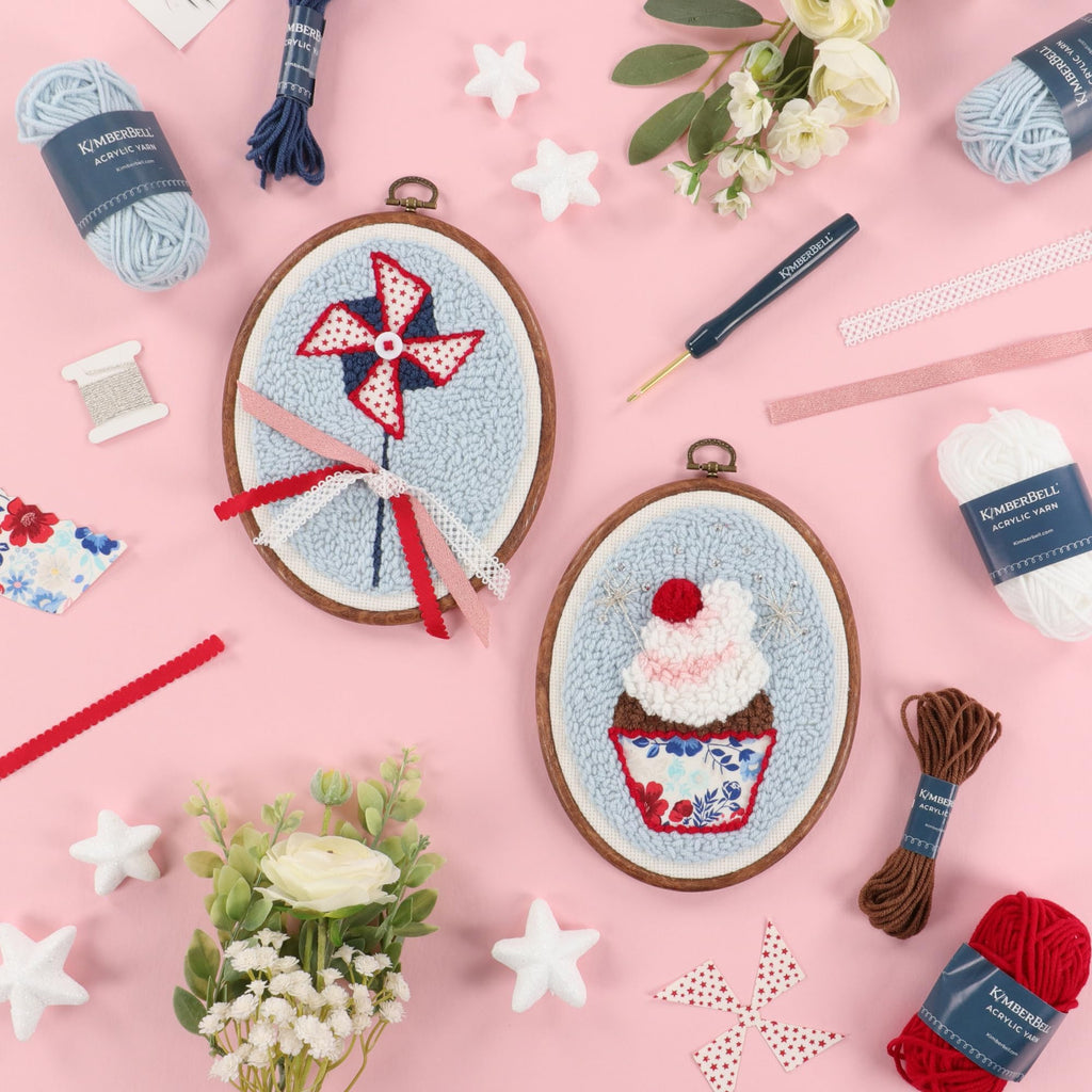 Kimberbell Patriotic Party! Punch Needle Kit – 2 Complete DIY Projects with Tool, Yarn, Hoops, Appliqué, Ribbons & Monks Cloth – Red White & Blue Punch Needle Plus Craft Kit with Video Instructions