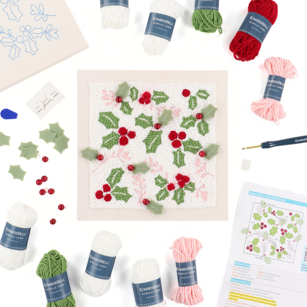Kimberbell Happy Holly-Days Punch Needle Plus Kit – Complete DIY Embroidery Kit with Tool, Frame, Yarn, Beads & Felt – Holiday Punch Needle Design for Handmade Christmas Décor