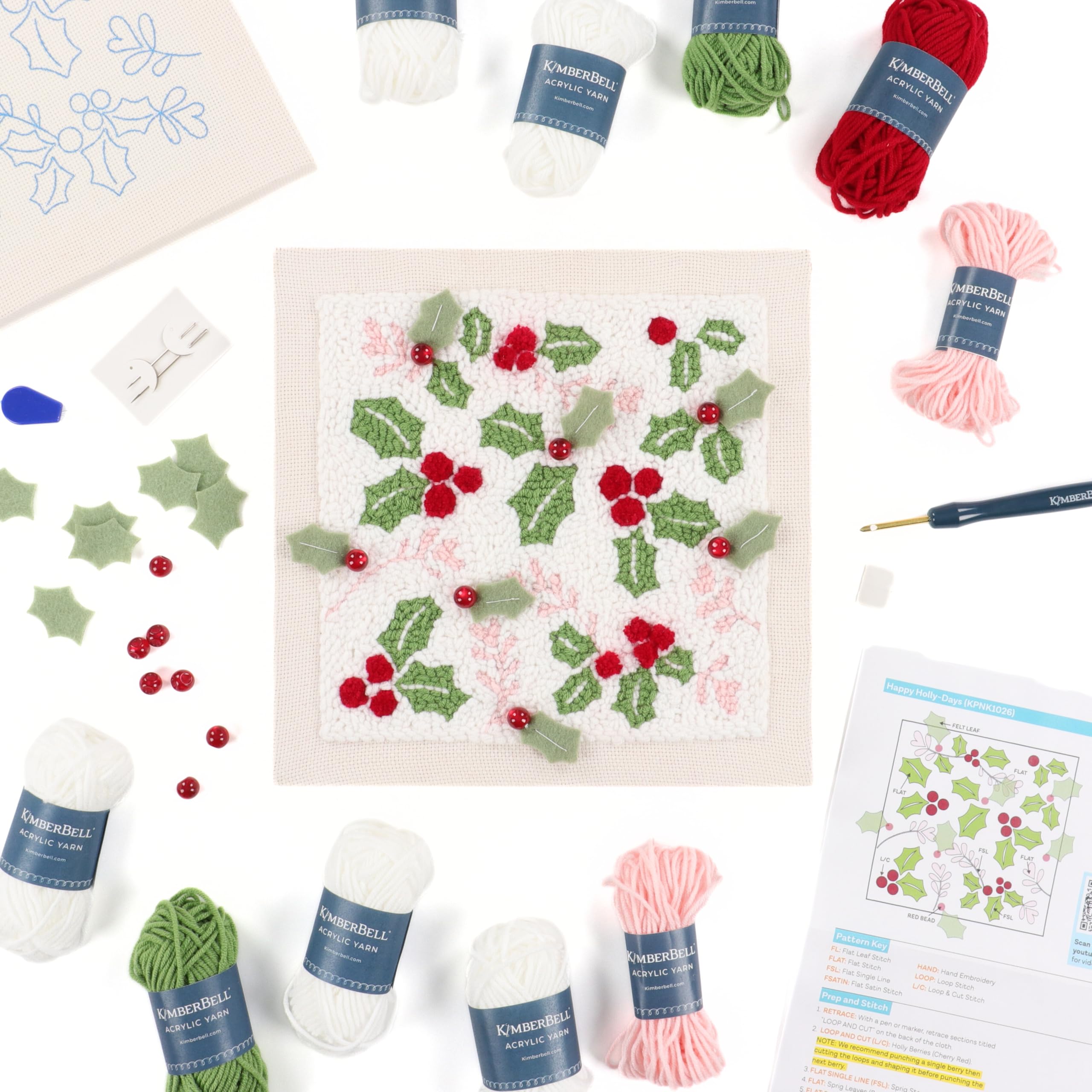 Kimberbell Happy Holly-Days Punch Needle Plus Kit – Complete DIY Embroidery Kit with Tool, Frame, Yarn, Beads & Felt – Holiday Punch Needle Design for Handmade Christmas Décor