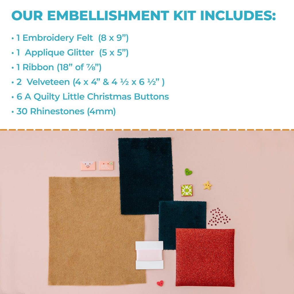 Kimberbell A Quilty Little Christmas Embellishment Kit - Embellishments for Crafting Kit, 41pcs Set w. Applique Glitter, Ribbon and Embroidery Felt, Embroidery Supplies, Quilting Embellishments