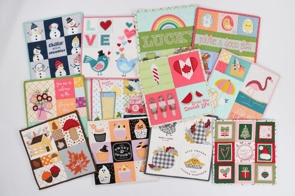 Kimberbell Mini Quilts Vol 1 & 2 Bundle – 12 Seasonal Machine Embroidery Quilt Designs (Jan-Dec), 12x12 Mini Quilts for 5x7 or Larger Hoops, Includes SVG Files for Cutting Machines