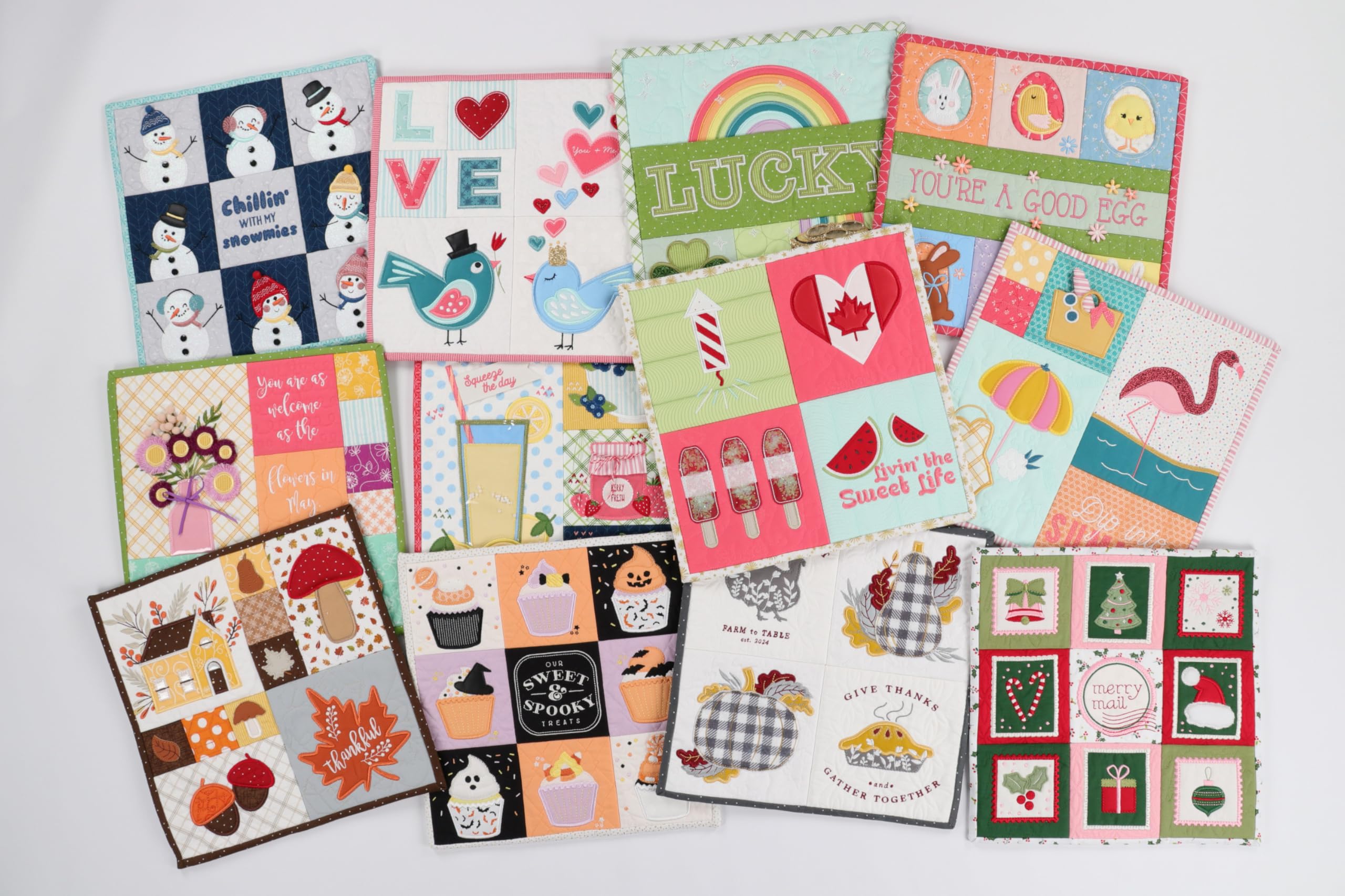 Kimberbell Mini Quilts Vol 1 & 2 Bundle – 12 Seasonal Machine Embroidery Quilt Designs (Jan-Dec), 12x12 Mini Quilts for 5x7 or Larger Hoops, Includes SVG Files for Cutting Machines