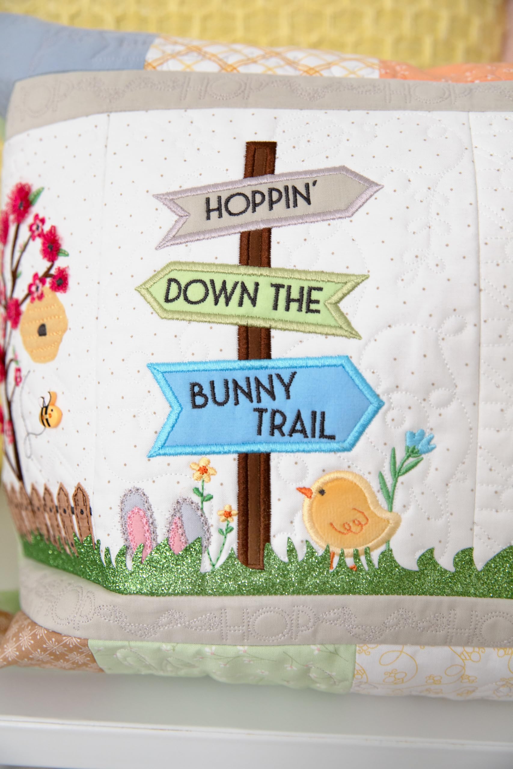 Kimberbell Hoppin’ Down the Bunny Trail Bench Pillow – Machine Embroidery Design CD, 16" x 38" Pillow Pattern with Applique, Textured Fabrics & Custom Buttons – Fits 5x7+ Hoops