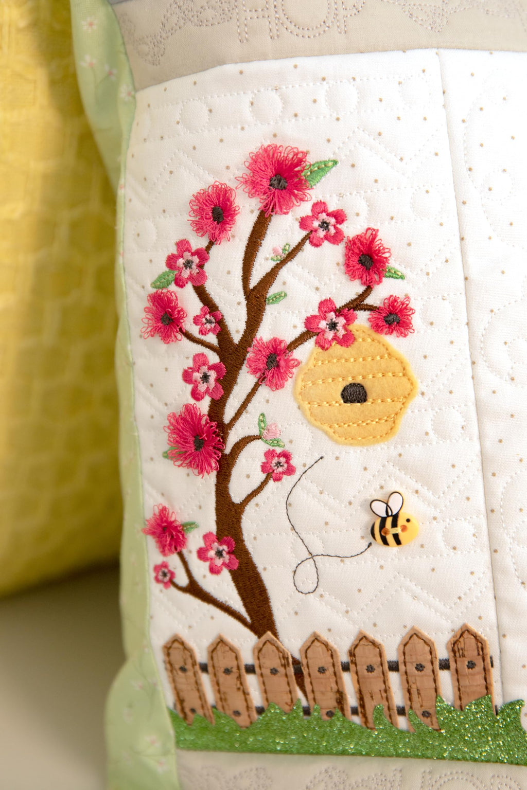Kimberbell Hoppin’ Down the Bunny Trail Bench Pillow – Machine Embroidery Design CD, 16" x 38" Pillow Pattern with Applique, Textured Fabrics & Custom Buttons – Fits 5x7+ Hoops