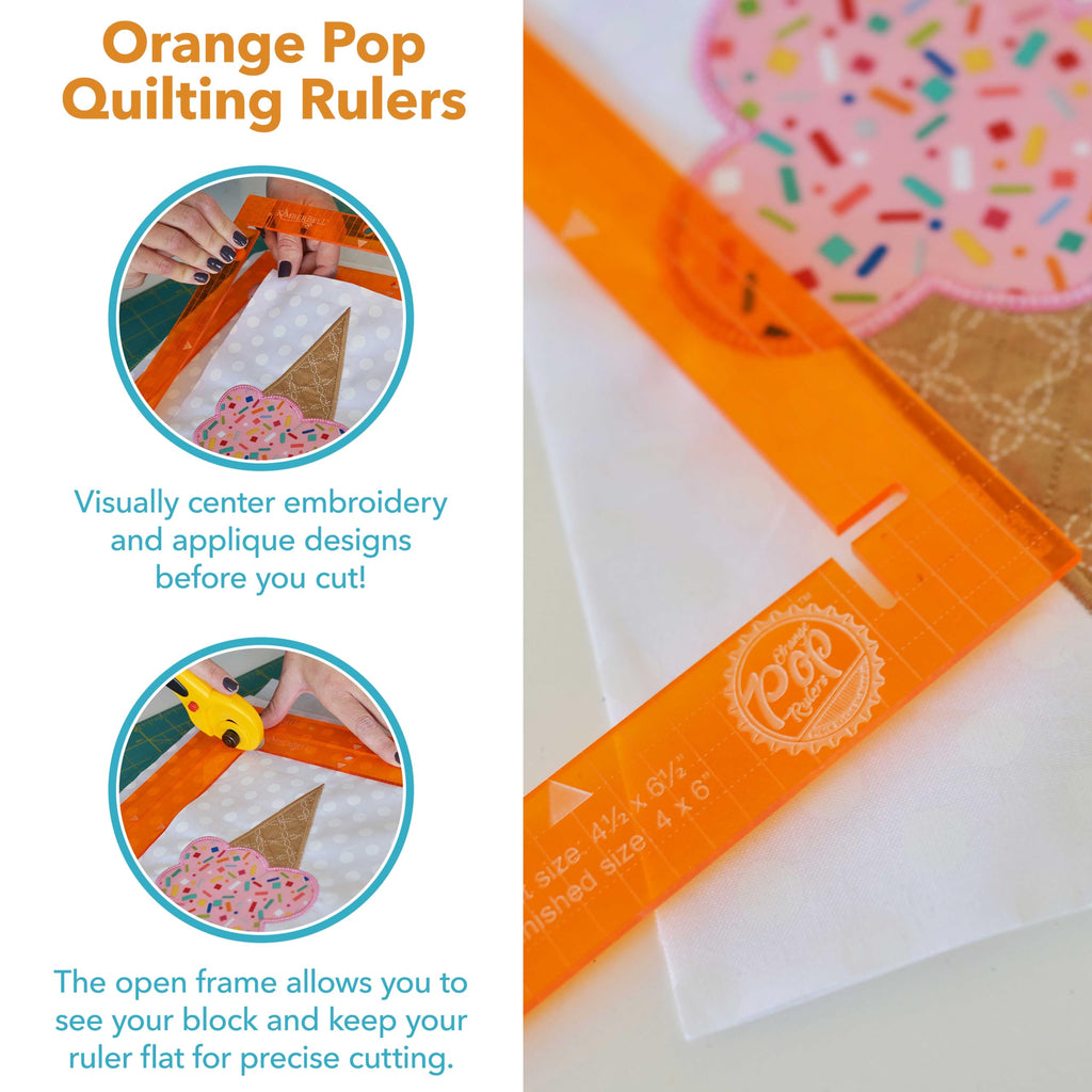 Kimberbell Orange Pop Quilting Rulers - Square Set of 4 - Quilt Rulers for Cutting Quilt Blocks, Non-Slip, Bonus Half Square Triangle Ruler in Two Sizes!
