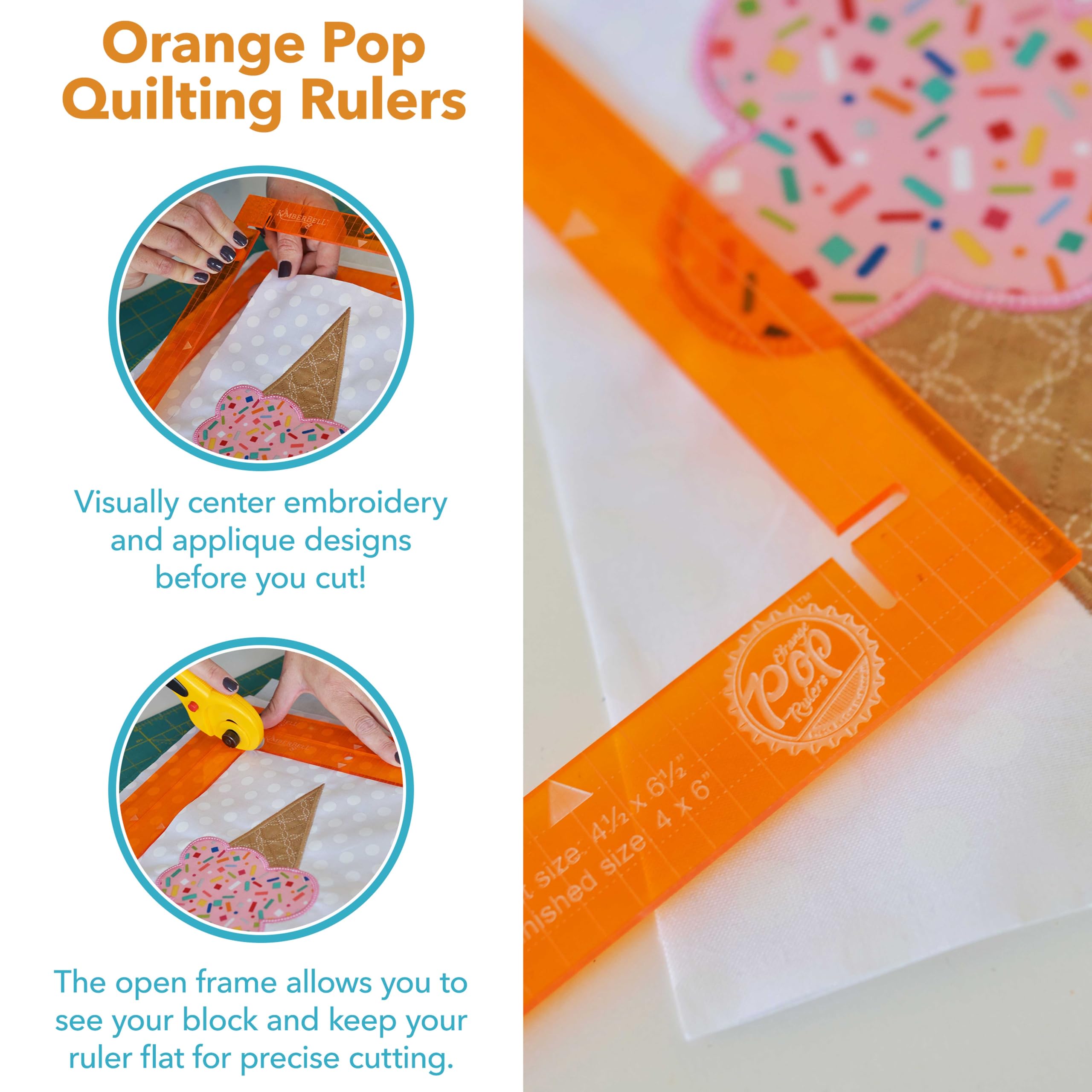 Kimberbell Orange Pop Quilting Rulers - Square Set of 4 - Quilt Rulers for Cutting Quilt Blocks, Non-Slip, Bonus Half Square Triangle Ruler in Two Sizes!