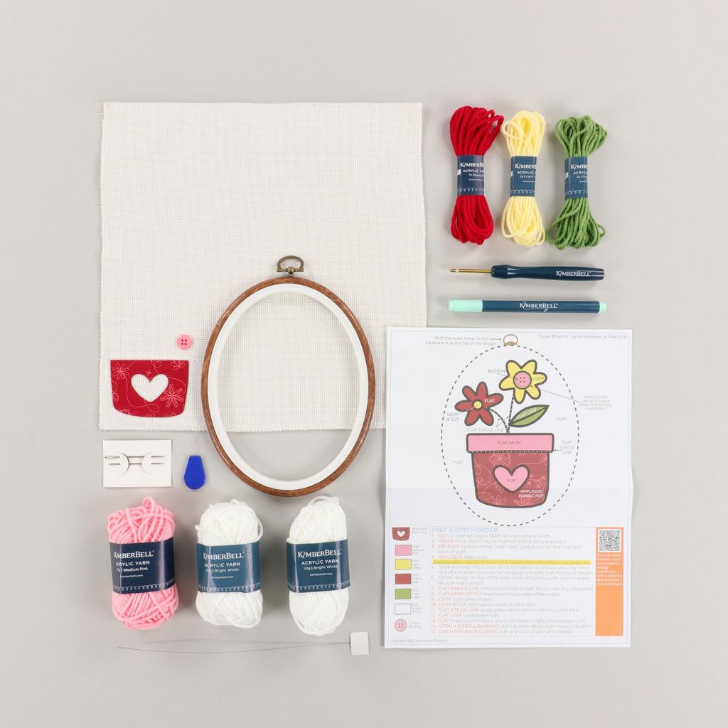 Kimberbell Punch Needle Kit – Love Blooms - Complease DIY Punch Needle Set with Tool, Monks Cloth, Yarn, Frame, Embelishments & Reusable Project Bag | Beginner-Friendly DIY Needle Punching Craft