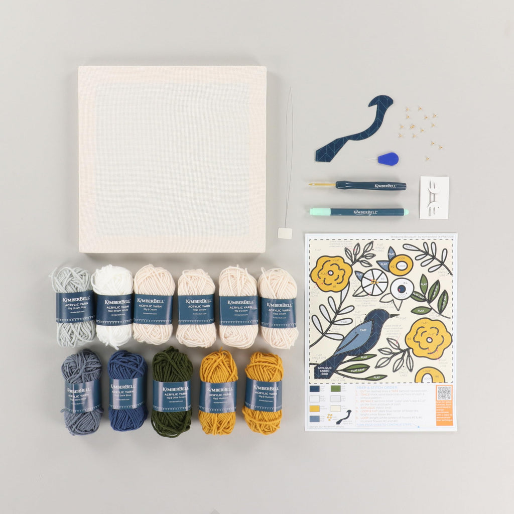 Kimberbell Punch Needle Kit – Birdsong Bouquet - Complete DIY Embroidery Kit with Tool, Monks Cloth, Frame, Yarn & Embellishments – Blue & Gold Floral Design Punch Needle Set