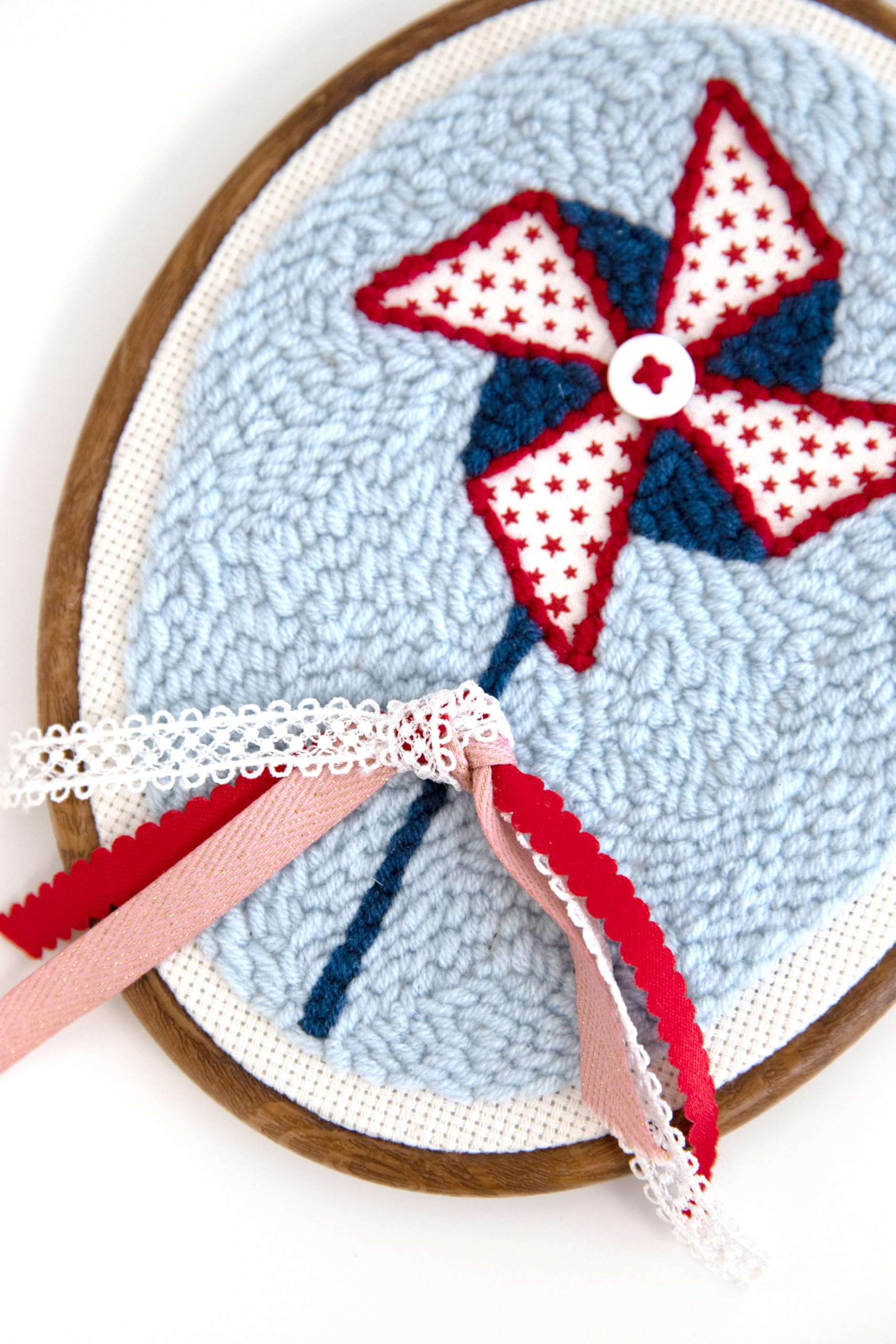 Kimberbell Patriotic Party! Punch Needle Kit – 2 Complete DIY Projects with Tool, Yarn, Hoops, Appliqué, Ribbons & Monks Cloth – Red White & Blue Punch Needle Plus Craft Kit with Video Instructions