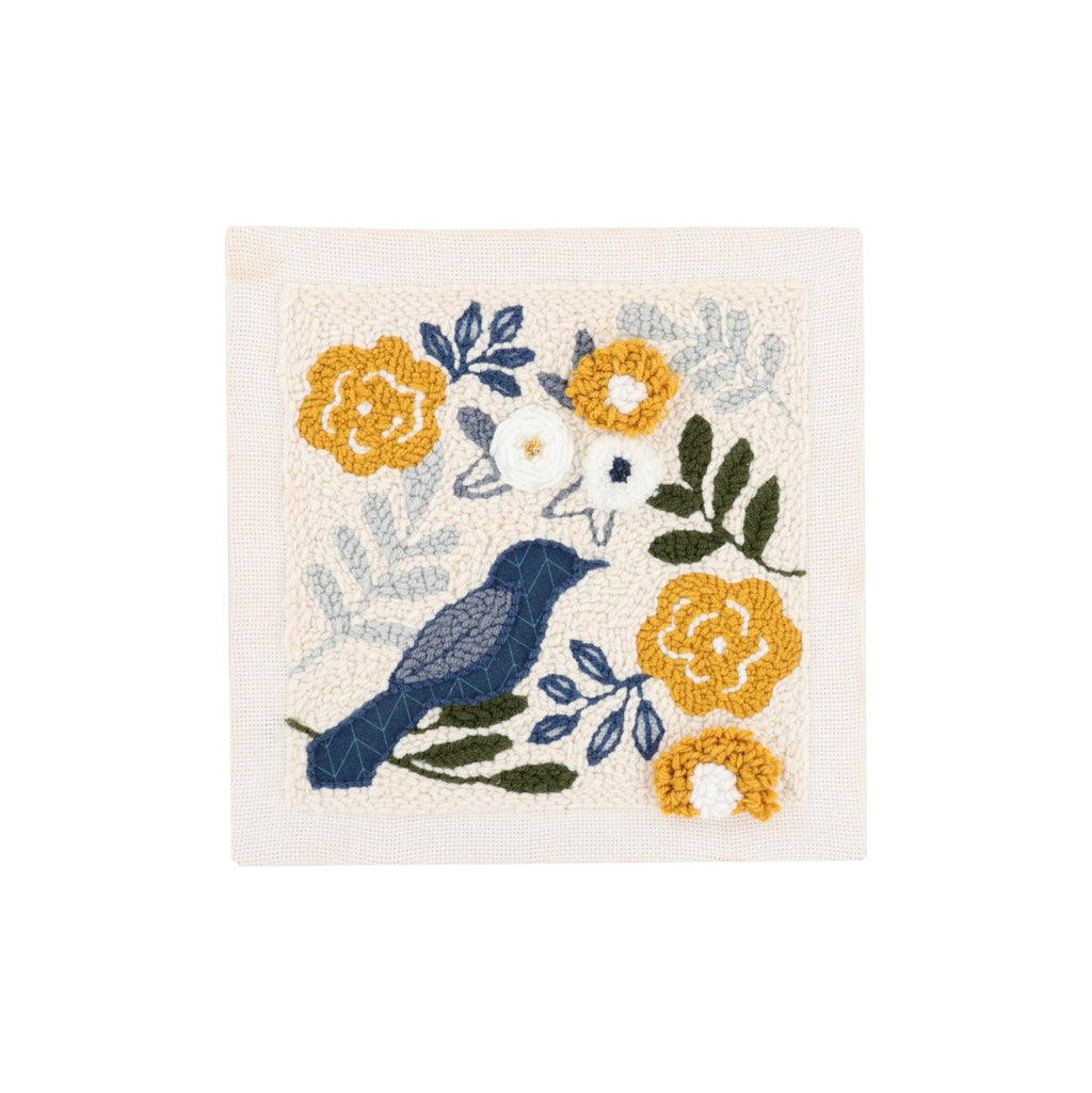 Kimberbell Punch Needle Kit – Birdsong Bouquet - Complete DIY Embroidery Kit with Tool, Monks Cloth, Frame, Yarn & Embellishments – Blue & Gold Floral Design Punch Needle Set