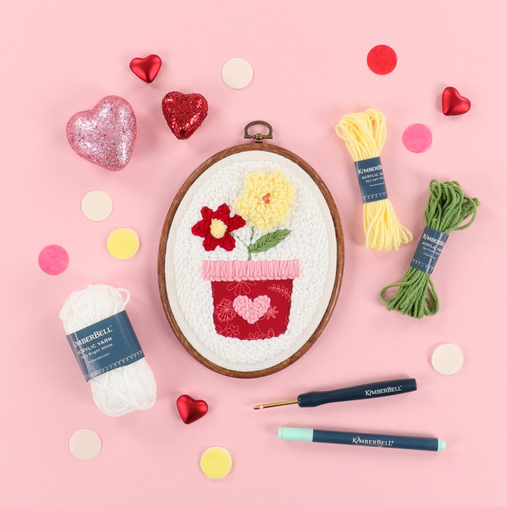 Kimberbell Punch Needle Kit – Love Blooms - Complease DIY Punch Needle Set with Tool, Monks Cloth, Yarn, Frame, Embelishments & Reusable Project Bag | Beginner-Friendly DIY Needle Punching Craft