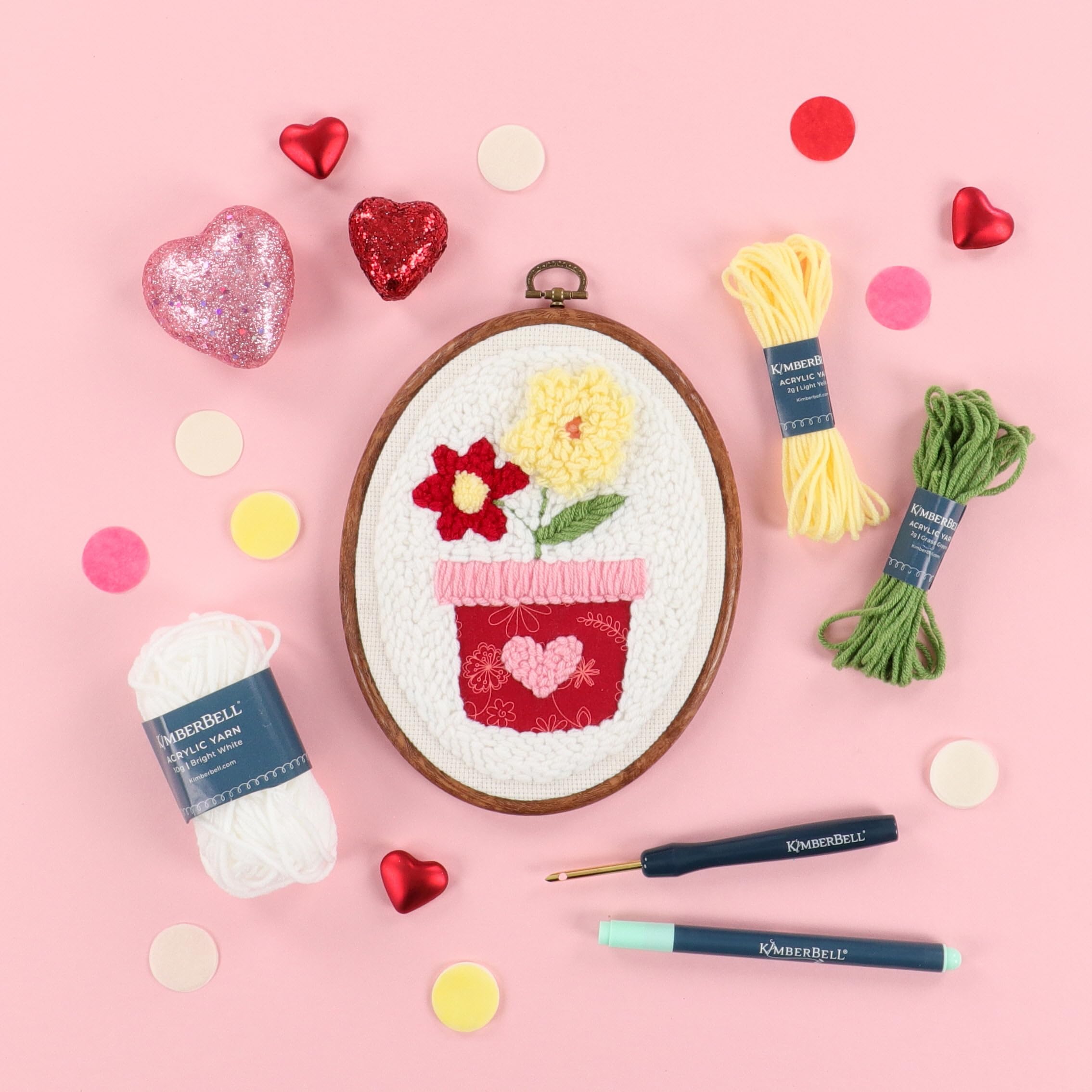 Kimberbell Punch Needle Kit – Love Blooms - Complease DIY Punch Needle Set with Tool, Monks Cloth, Yarn, Frame, Embelishments & Reusable Project Bag | Beginner-Friendly DIY Needle Punching Craft