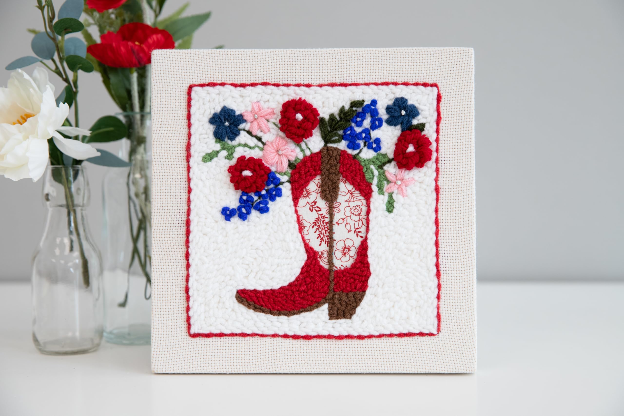 Kimberbell American Cowgirl Punch Needle Kit – Complete DIY Craft Set with Tools, Preprinted Monks Cloth, Yarn, Appliqués, Hoop & Rhinestones – Americana Punch Needle Plus Kit with Video Tutorials