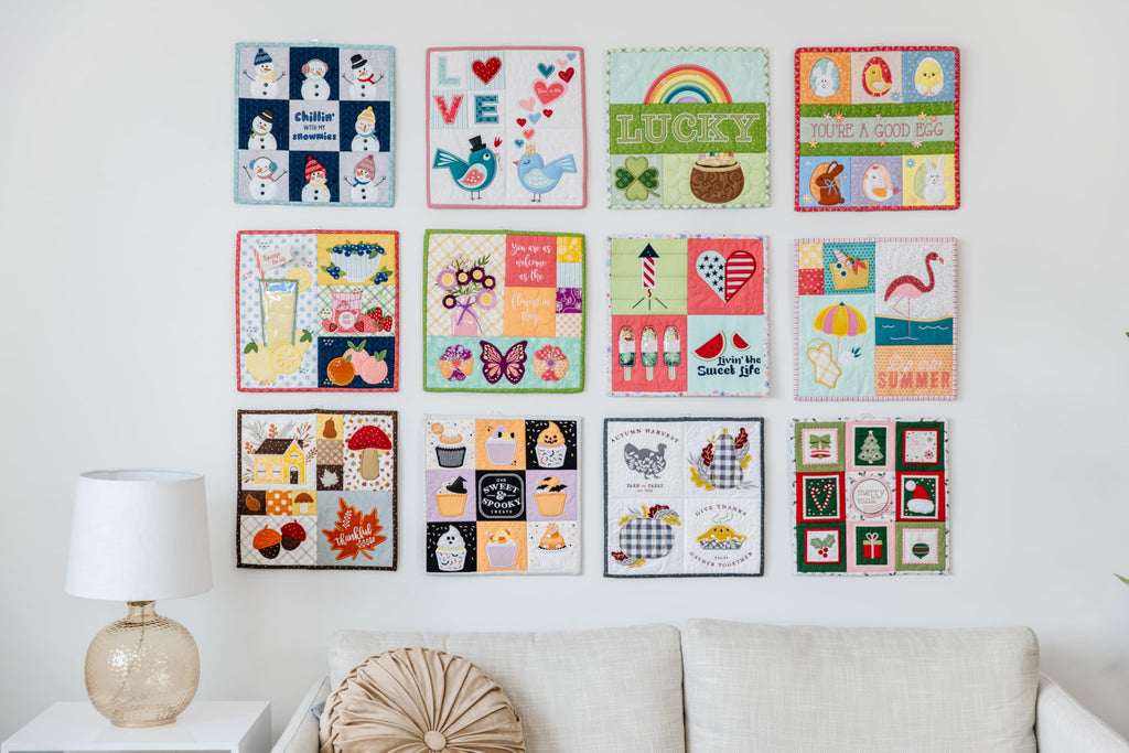 Kimberbell Mini Quilts Vol 1 & 2 Bundle – 12 Seasonal Machine Embroidery Quilt Designs (Jan-Dec), 12x12 Mini Quilts for 5x7 or Larger Hoops, Includes SVG Files for Cutting Machines