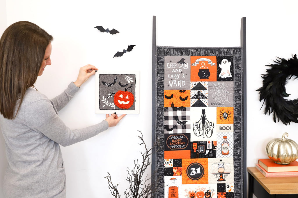 Kimberbell Jack-O’-Lantern Jubilee Punch Needle Plus Kit – Complete DIY Halloween Craft Kit with Tool, Preprinted Monks Cloth, Yarn, Applique Fabric, Frame & Video Tutorials