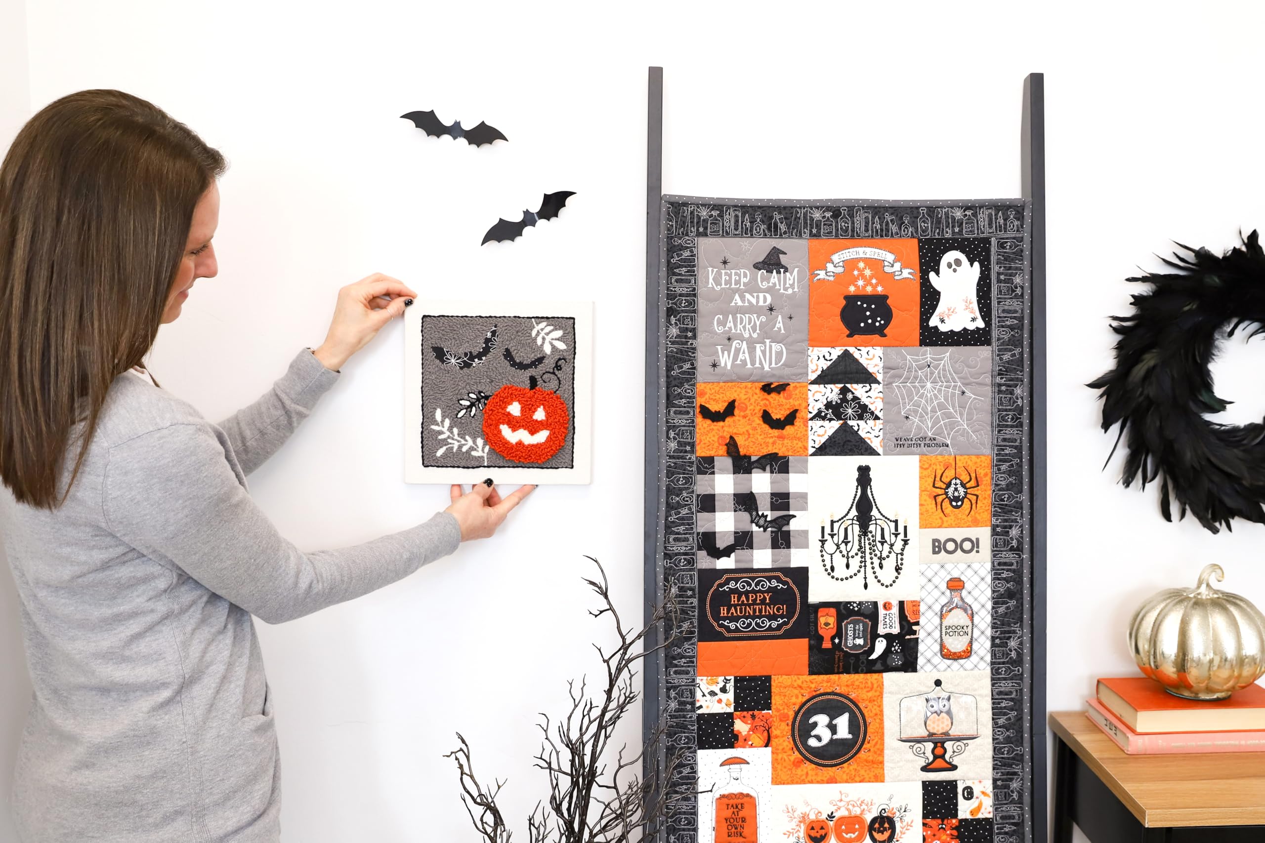 Kimberbell Jack-O’-Lantern Jubilee Punch Needle Plus Kit – Complete DIY Halloween Craft Kit with Tool, Preprinted Monks Cloth, Yarn, Applique Fabric, Frame & Video Tutorials