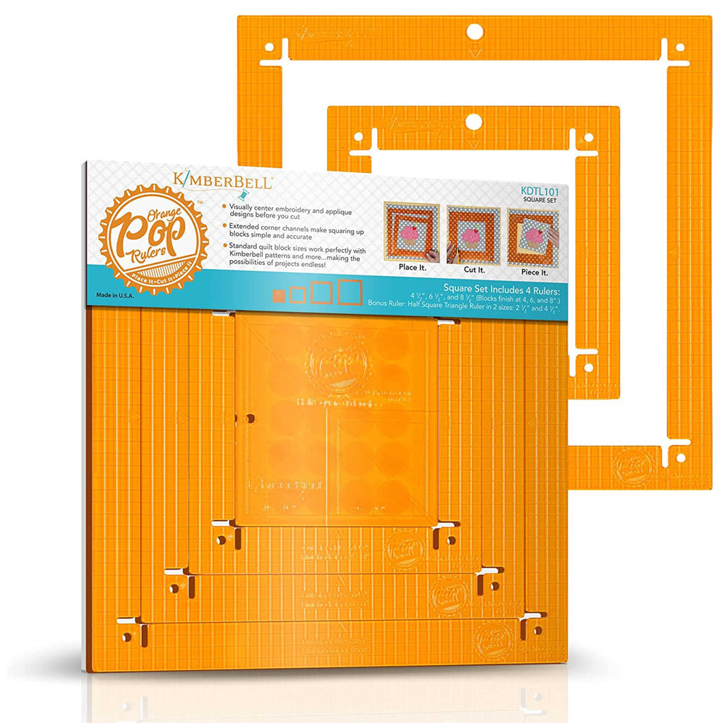 Kimberbell Orange Pop Quilting Rulers - Square Set of 4 - Quilt Rulers for Cutting Quilt Blocks, Non-Slip, Bonus Half Square Triangle Ruler in Two Sizes!