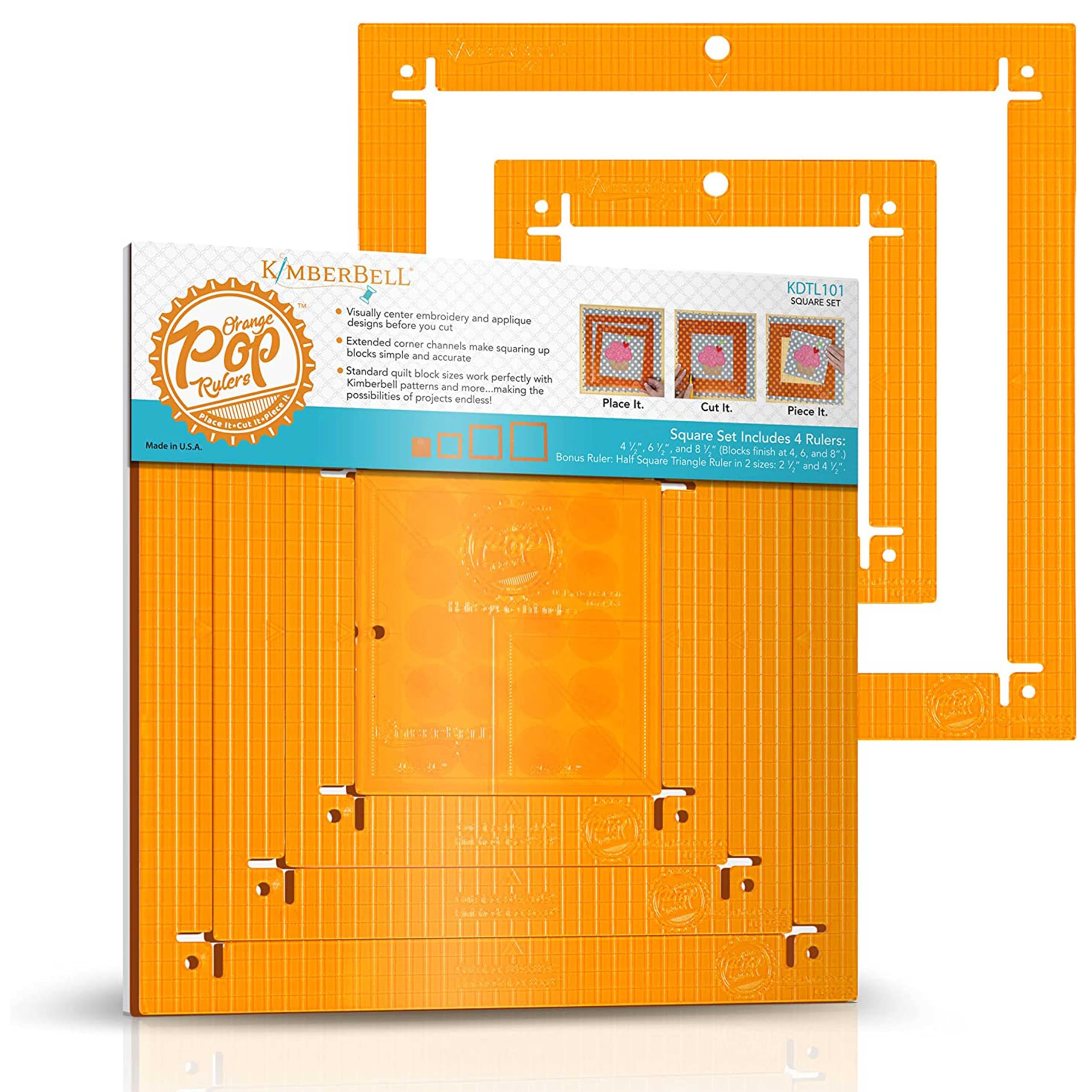 Kimberbell Orange Pop Quilting Rulers - Square Set of 4 - Quilt Rulers for Cutting Quilt Blocks, Non-Slip, Bonus Half Square Triangle Ruler in Two Sizes!