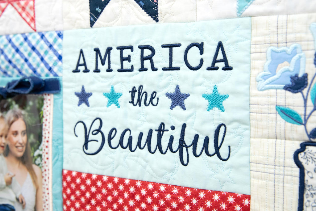 Kimberbell Star-Spangled Beauty Ladder Quilt Book with Digital Design Code – 20"x60" Americana Machine Embroidery Quilt, 5x7 Hoop, Patriotic Applique, Embellishments & Photo Frames
