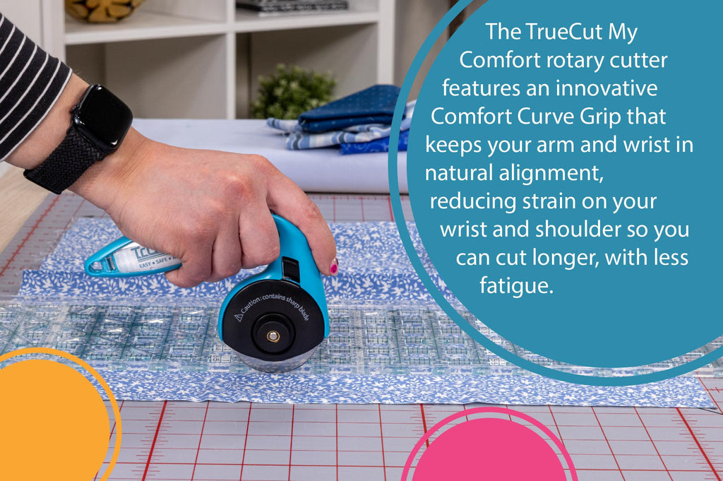 TrueCut My Comfort Rotary Cutter - 45mm Ergonomic Wheel Cutter for Fabric, Quilting, Sewing, Crafting - Left or Right-Handed - Track-and-Guide Ruler - Quilting and Sewing Supplies