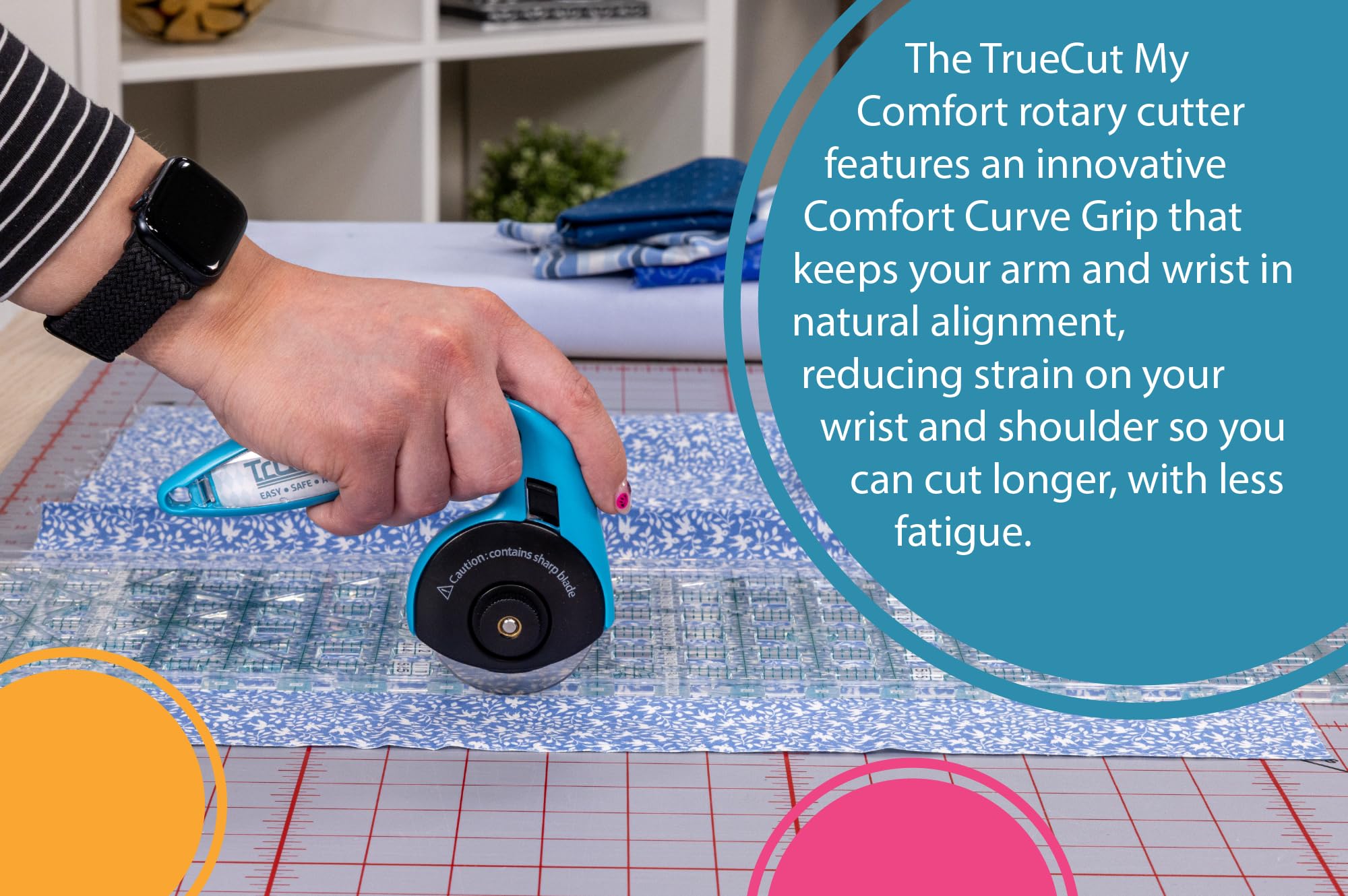 TrueCut My Comfort Rotary Cutter - 45mm Ergonomic Wheel Cutter for Fabric, Quilting, Sewing, Crafting - Left or Right-Handed - Track-and-Guide Ruler - Quilting and Sewing Supplies
