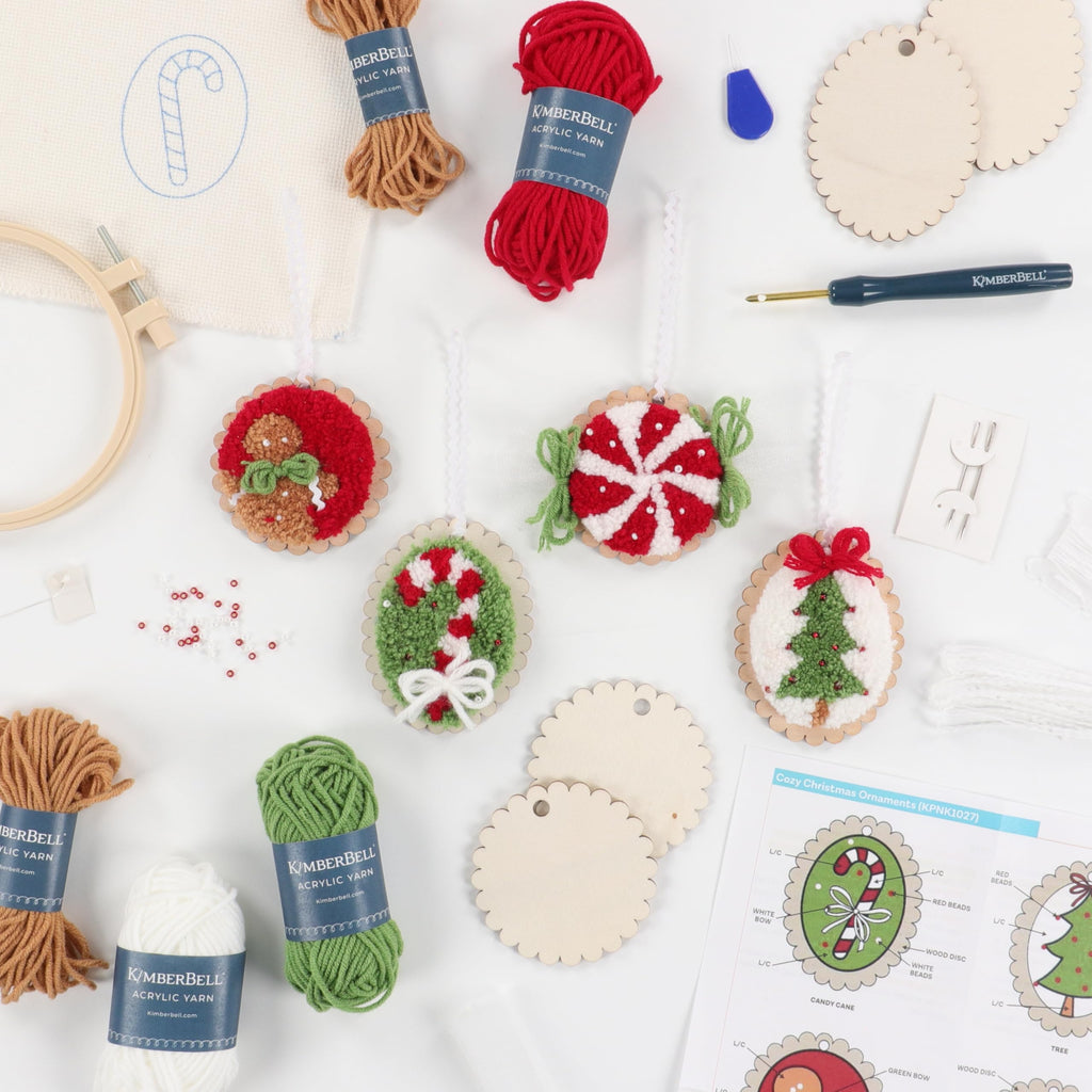 Kimberbell Cozy Christmas Ornaments Punch Needle Plus Kit – DIY Holiday Ornament Craft Kit with Tool, Yarn, Hoops, Embellishments & Wood Disks – Handmade Christmas Décor Project