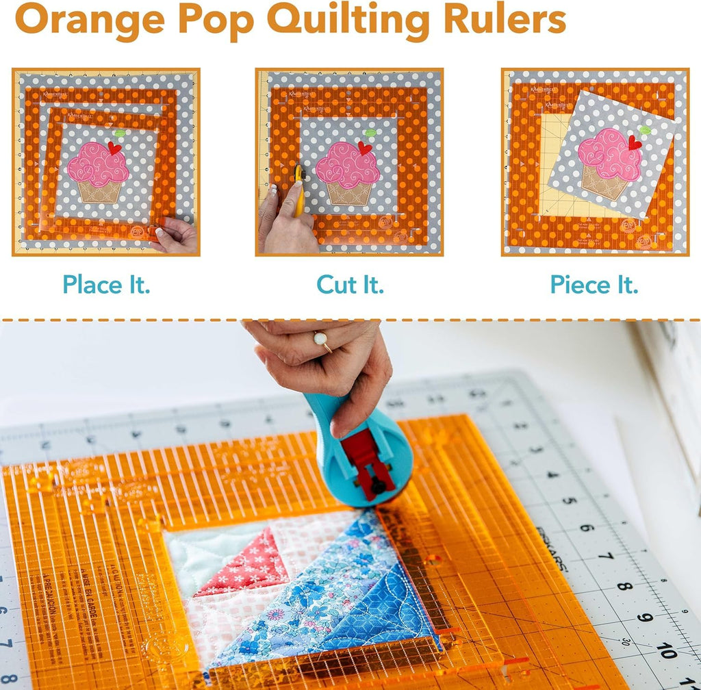 Kimberbell Orange Pop Rulers Bundle – Square Set of 4 + Rectangle Set of 6 | Quilting & Sewing Rulers with Slip-Stop Grip | Easy Block Centering for Quilting, Embroidery, and Appliqué