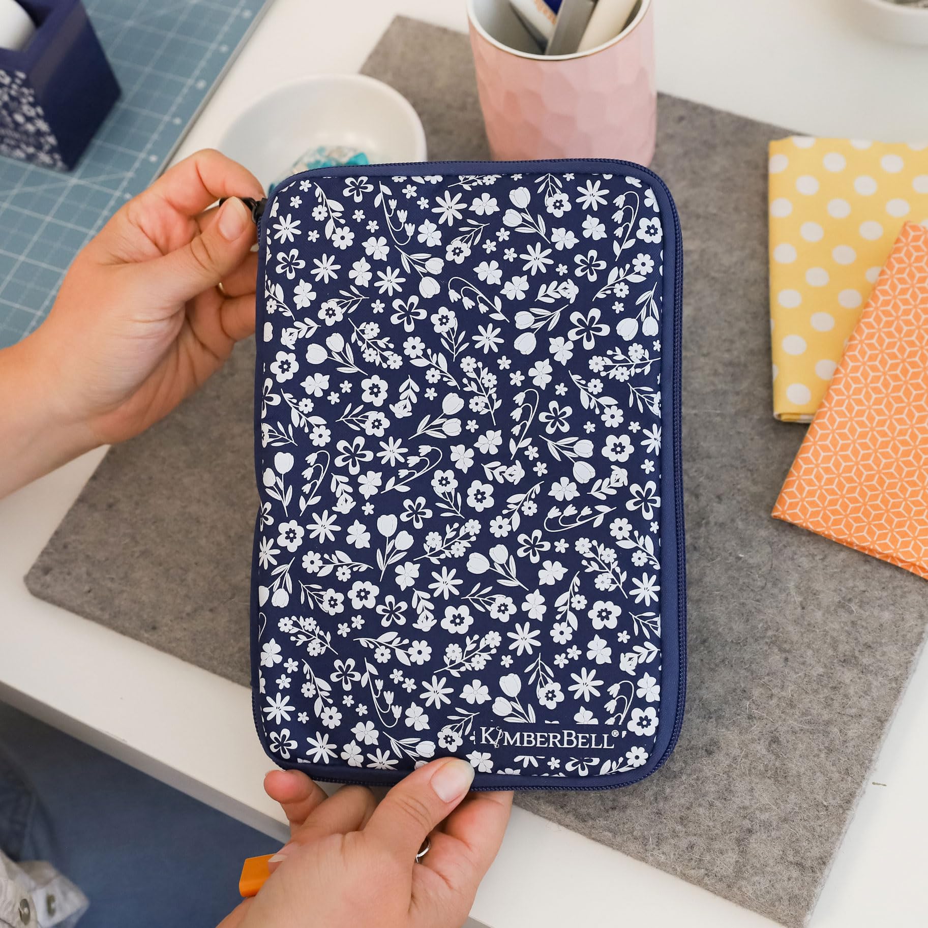 Kimberbell Navy Floral USB Case – Holds Up to 32 Flash Drives – Padded Zippered Storage Pouch for USB Drives (10 x 7 x 0.75")