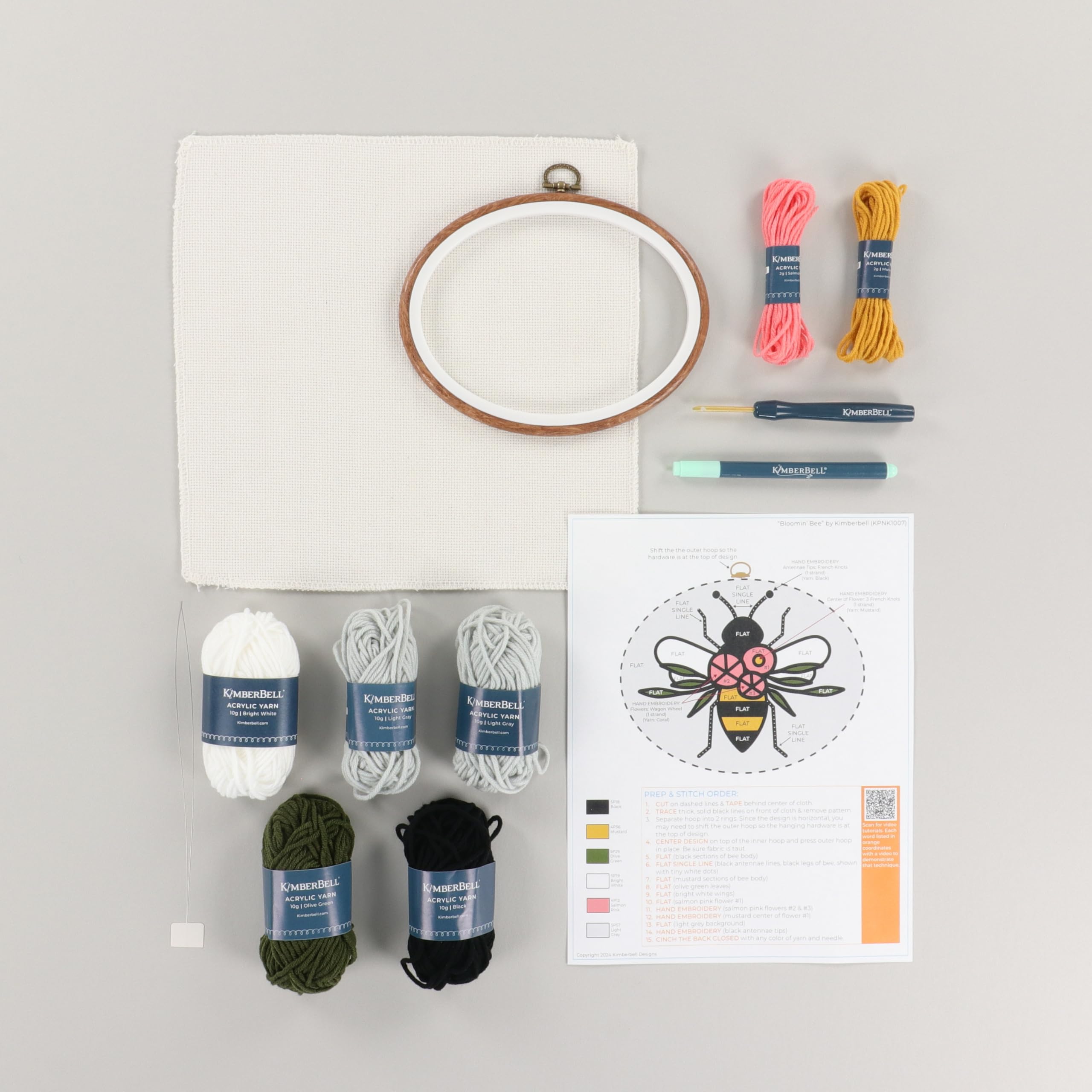 Kimberbell Punch Needle Set – Bloomin’ Bee - Complete DIY Embroidery Kit with Tool, Monks Cloth, Frame, Yarn & Dimensional Flowers – Adorable Bee Punch Needle Craft with Reusable Project Bag