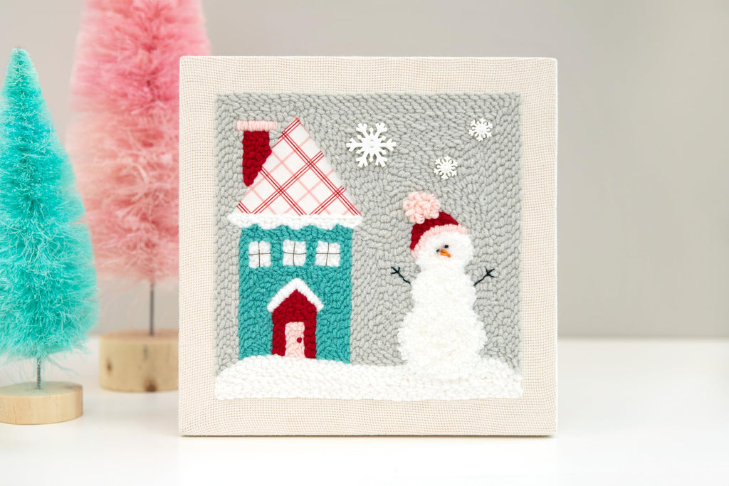 Kimberbell Punch Needle Kit – Snowplace Like Home - DIY Craft Kit with Tool, Monks Cloth, Frame, Buttons & Yarn – Snowman & Cozy House Punch Needle Embroidery Set