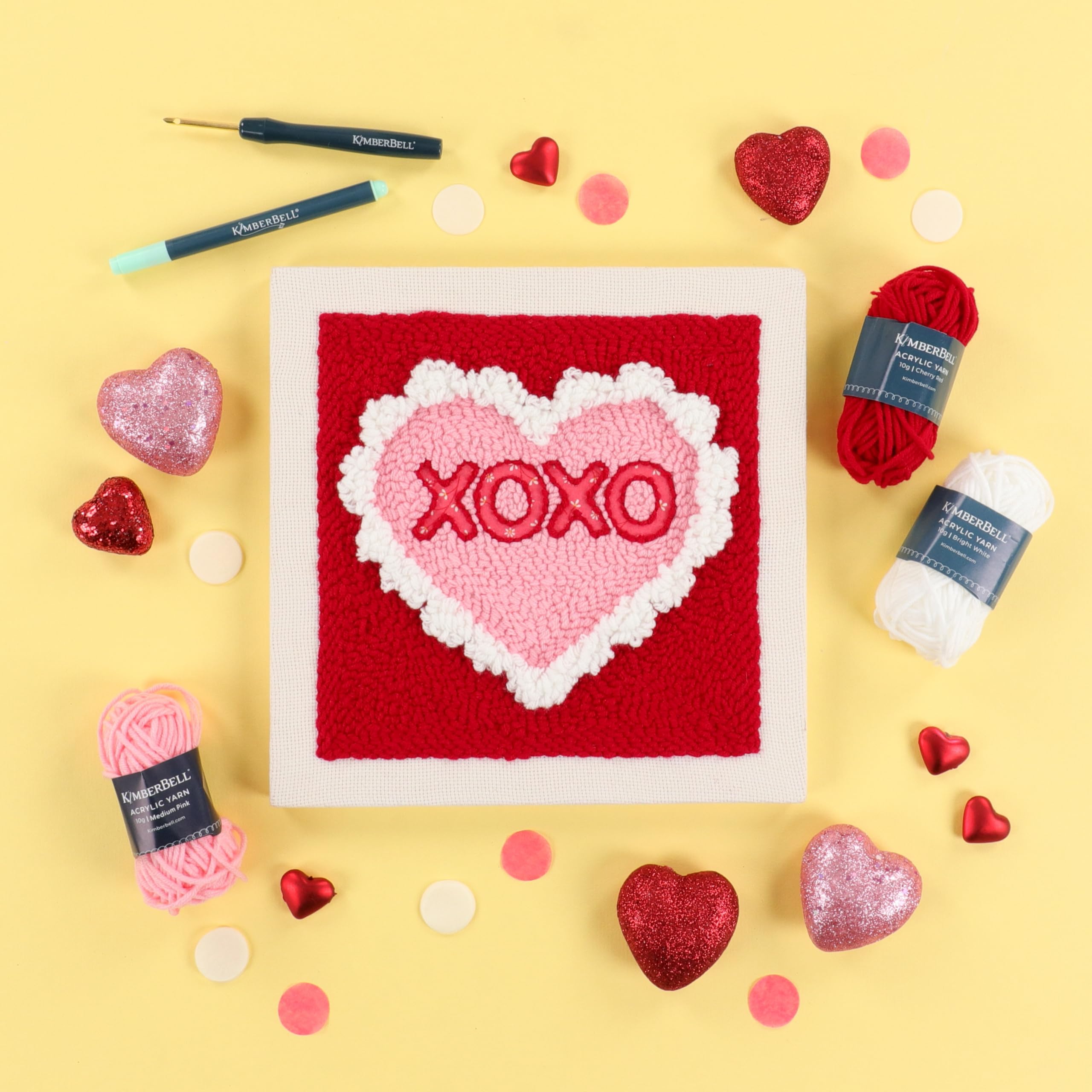 Kimberbell Punch Needle Kit - Hugs & Kisses – Complete Punch Needle Set with Tool, Monks Cloth, Yarn, Frame, Fabric & Reusable Project Bag | Beginner-Friendly DIY Needle Punching Craft