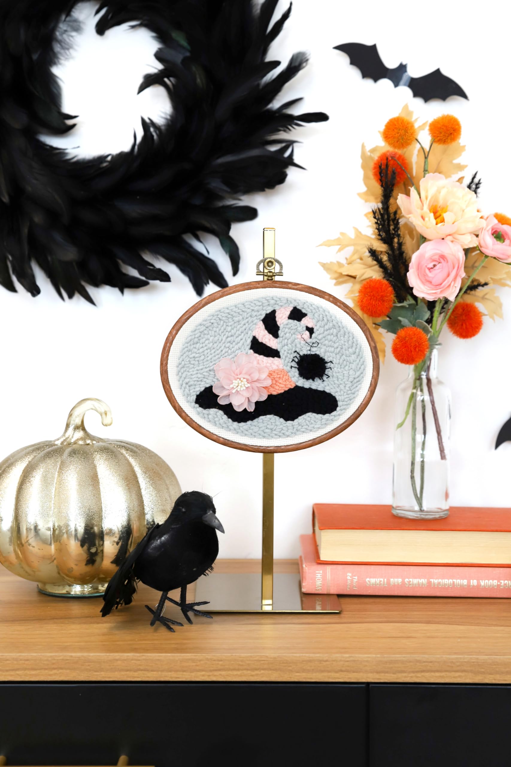 Kimberbell Ghouls’ Night Out Punch Needle Plus Kit – Complete DIY Halloween Craft Kit with Tool, Preprinted Monks Cloth, Yarn, Flower, Faux Wood Frame & Video Tutorials