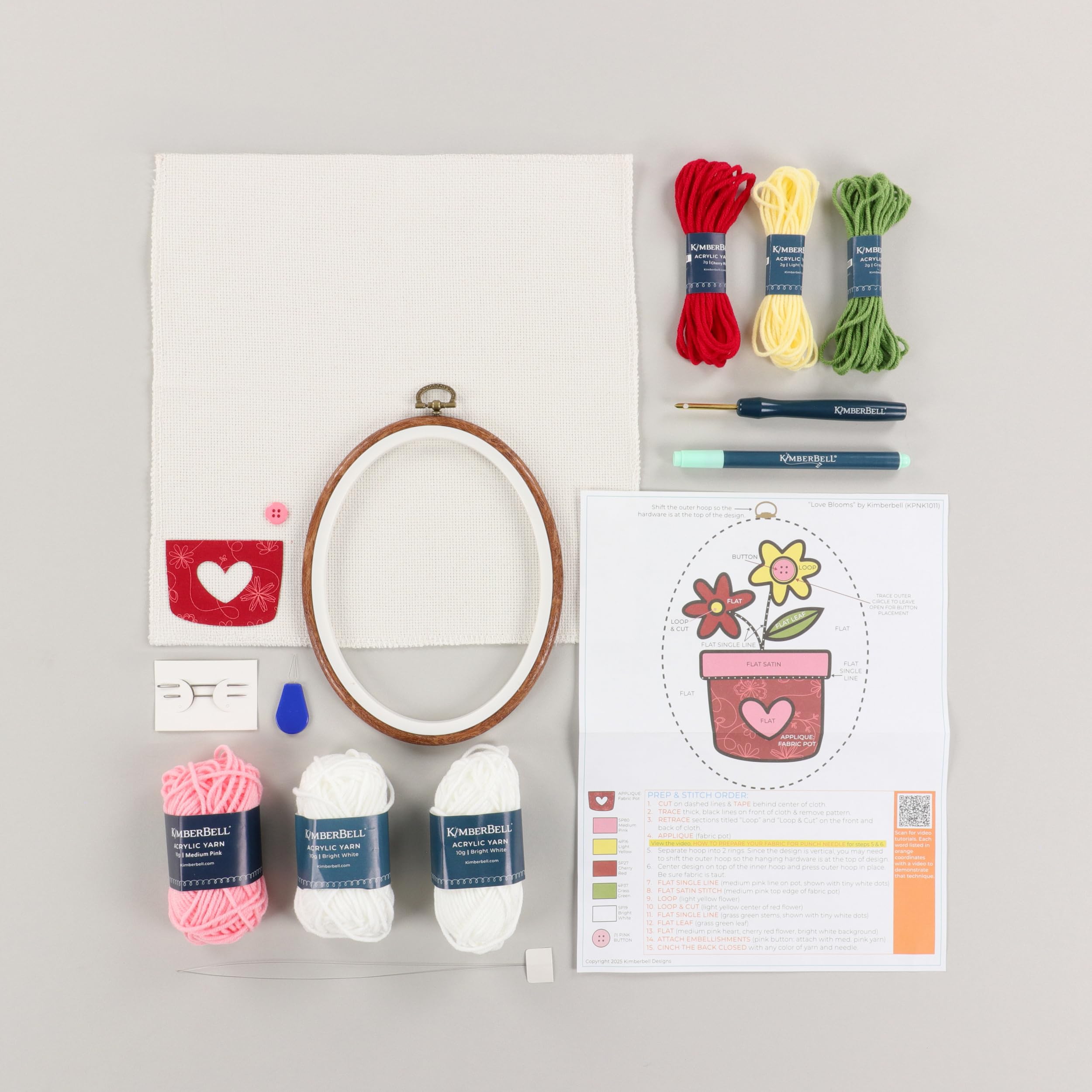 Kimberbell Punch Needle Kit – Love Blooms - Complease DIY Punch Needle Set with Tool, Monks Cloth, Yarn, Frame, Embelishments & Reusable Project Bag | Beginner-Friendly DIY Needle Punching Craft