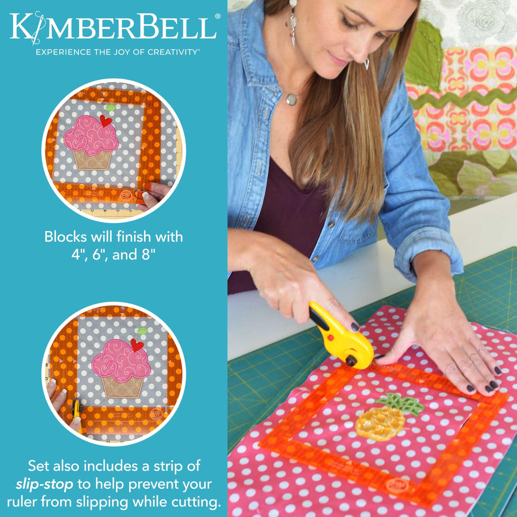 Kimberbell Orange Pop Quilting Rulers - Square Set of 4 - Quilt Rulers for Cutting Quilt Blocks, Non-Slip, Bonus Half Square Triangle Ruler in Two Sizes!